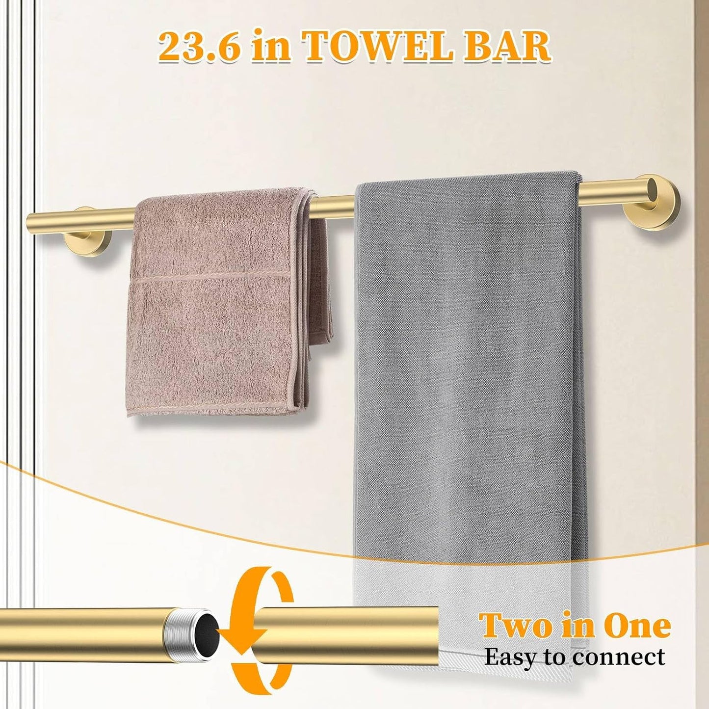 Brushed Gold Towel Bar Set 10 Pieces Round Bathroom Hardware Set Includes 23.6in Towel Bar Towel Ring Toilet Paper