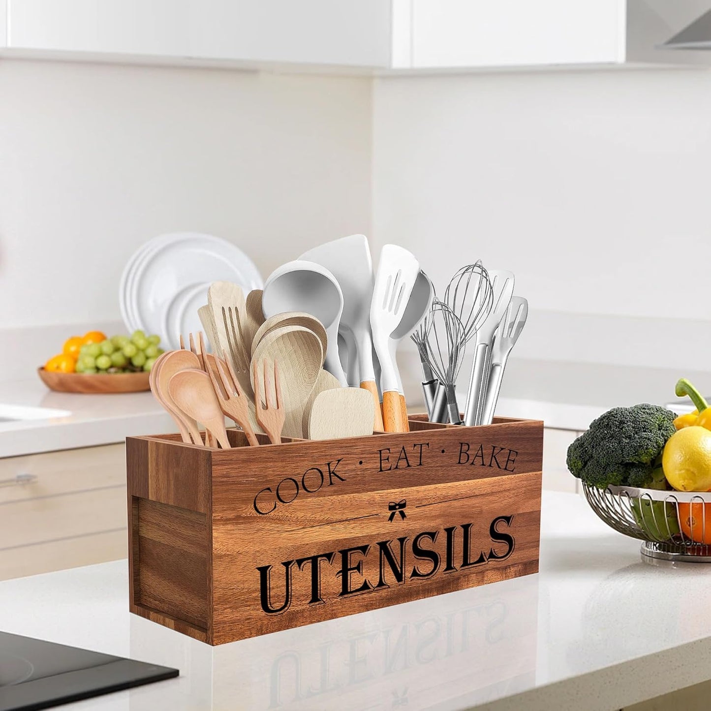 Suli Extra Large Utensil Holder Countertop for Kitchen Counter,Acacia Wood | Hold 40 Utensils,4 Removable Divider,Rutic