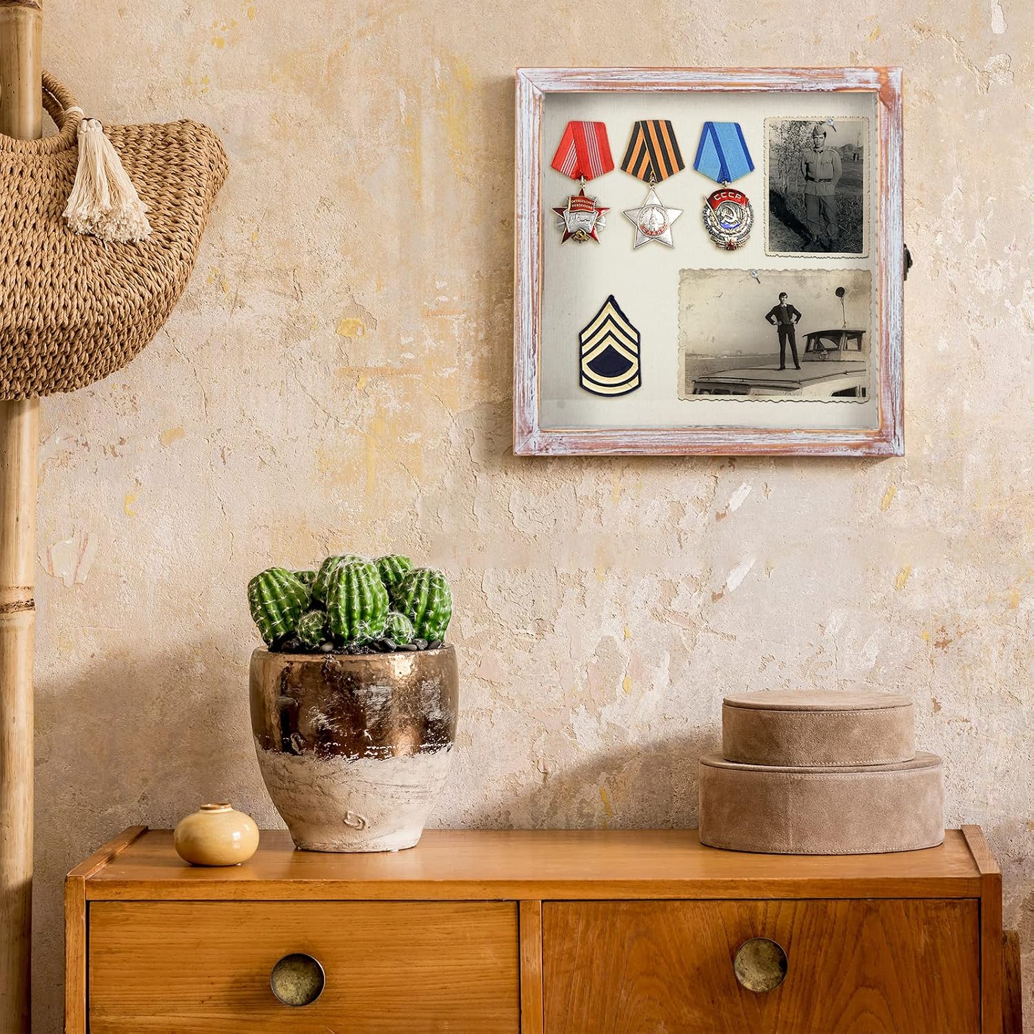 TJ.MOREE Shadow Box 11 x 11 Display Case Wood Picture Frame White Pink | Memory Box with Linen Back for Memorabilia