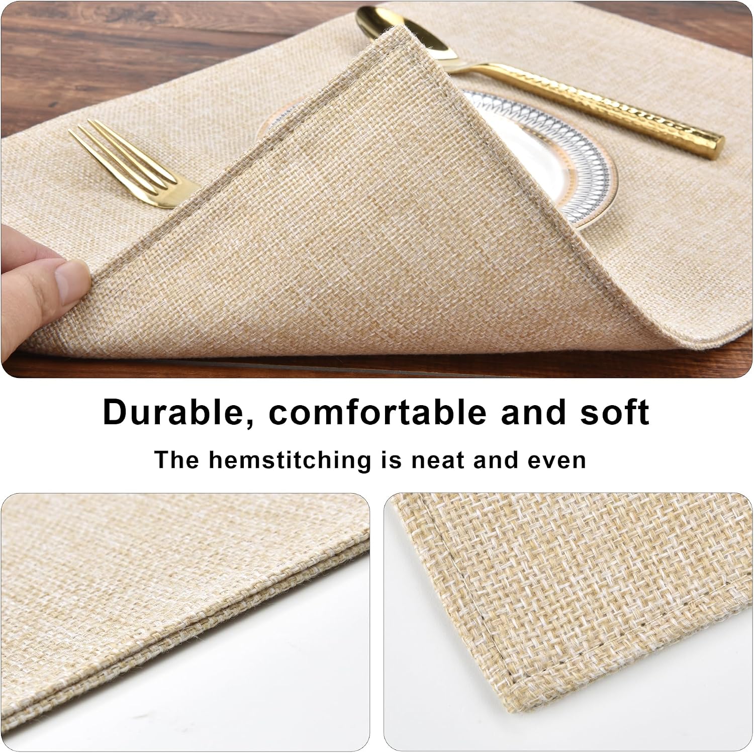 SLKQG Beige Faux Linen Placemats Set of 8, Heat Resistant Washable Double Layer Cloth Place Mats for Dining Table