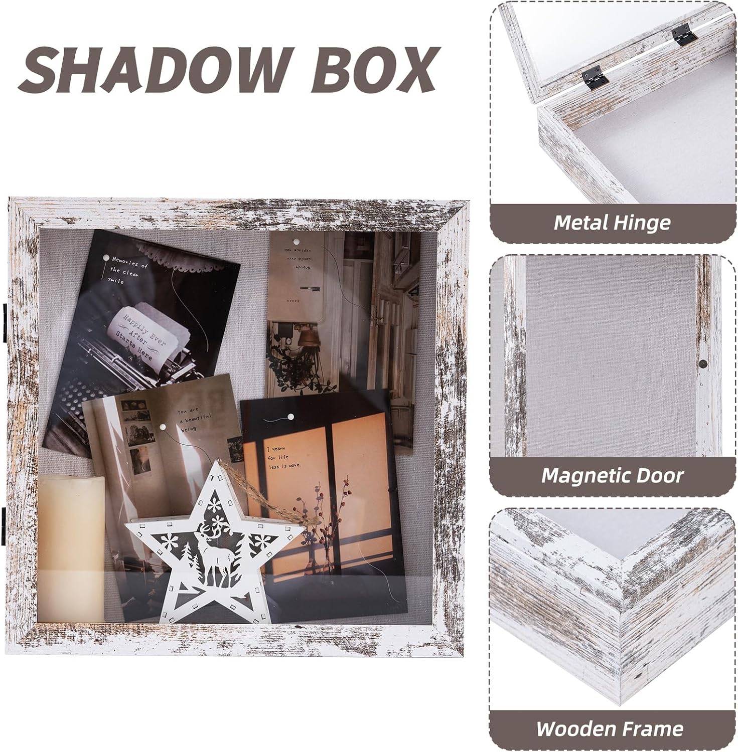 Muzilife 11x11 Shadow Box Picture Frame, 2.16 Deep, Real Glass, Rustic White