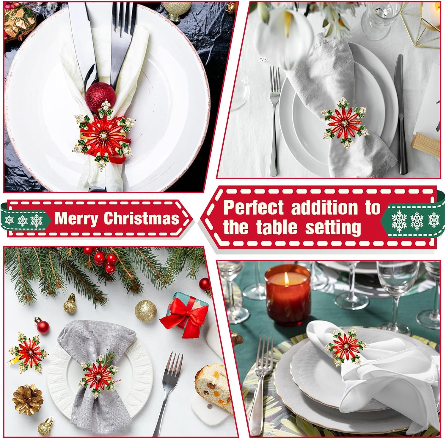 Christmas Crystal Snowflake Napkin Rings Set of 12- Rustic Dinner Tables Setting Decoration for Wedding Receptions
