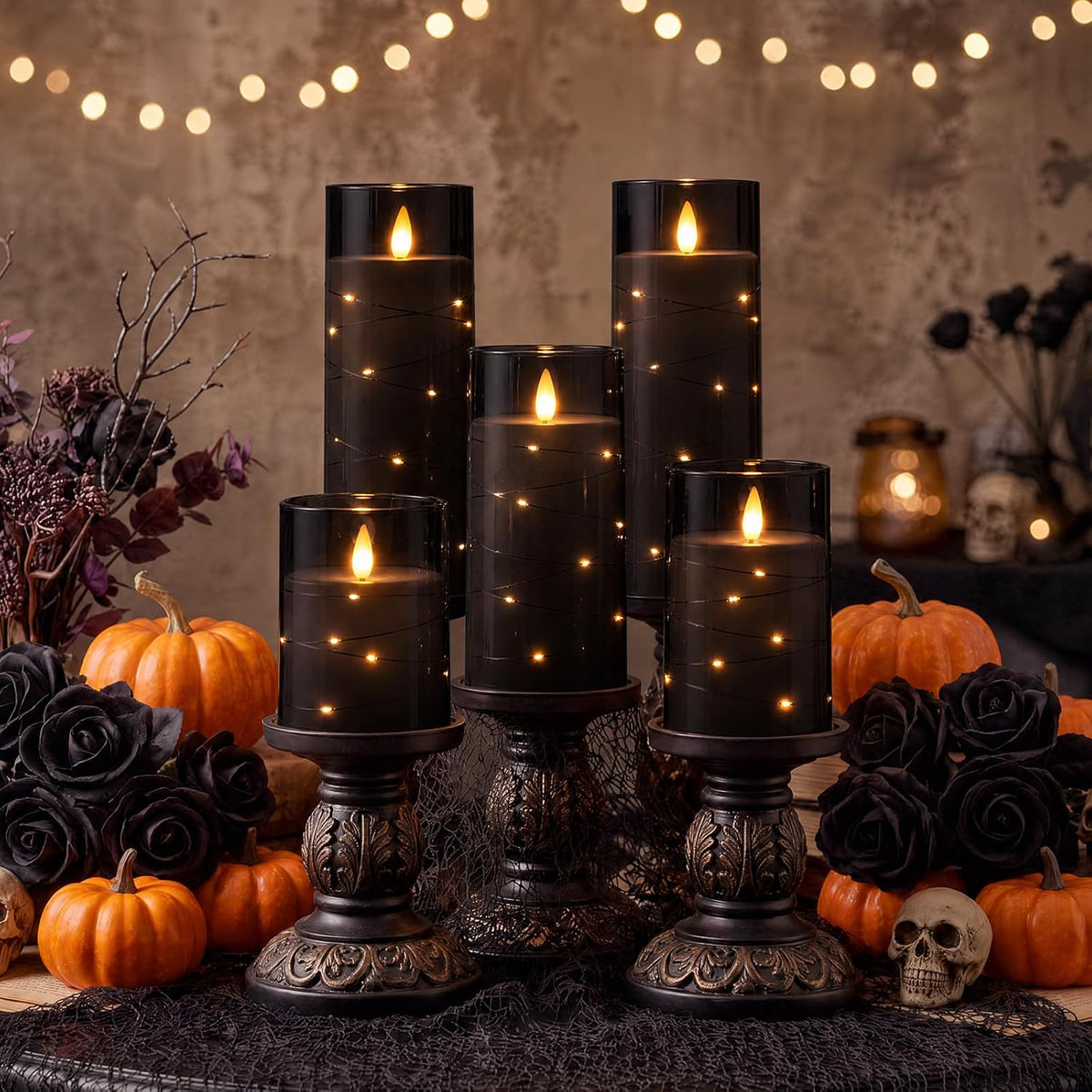 Homemory Halloween Flameless Candles, Black LED Pillar Candles with Remote | Acrylic Flickering Battery Operated