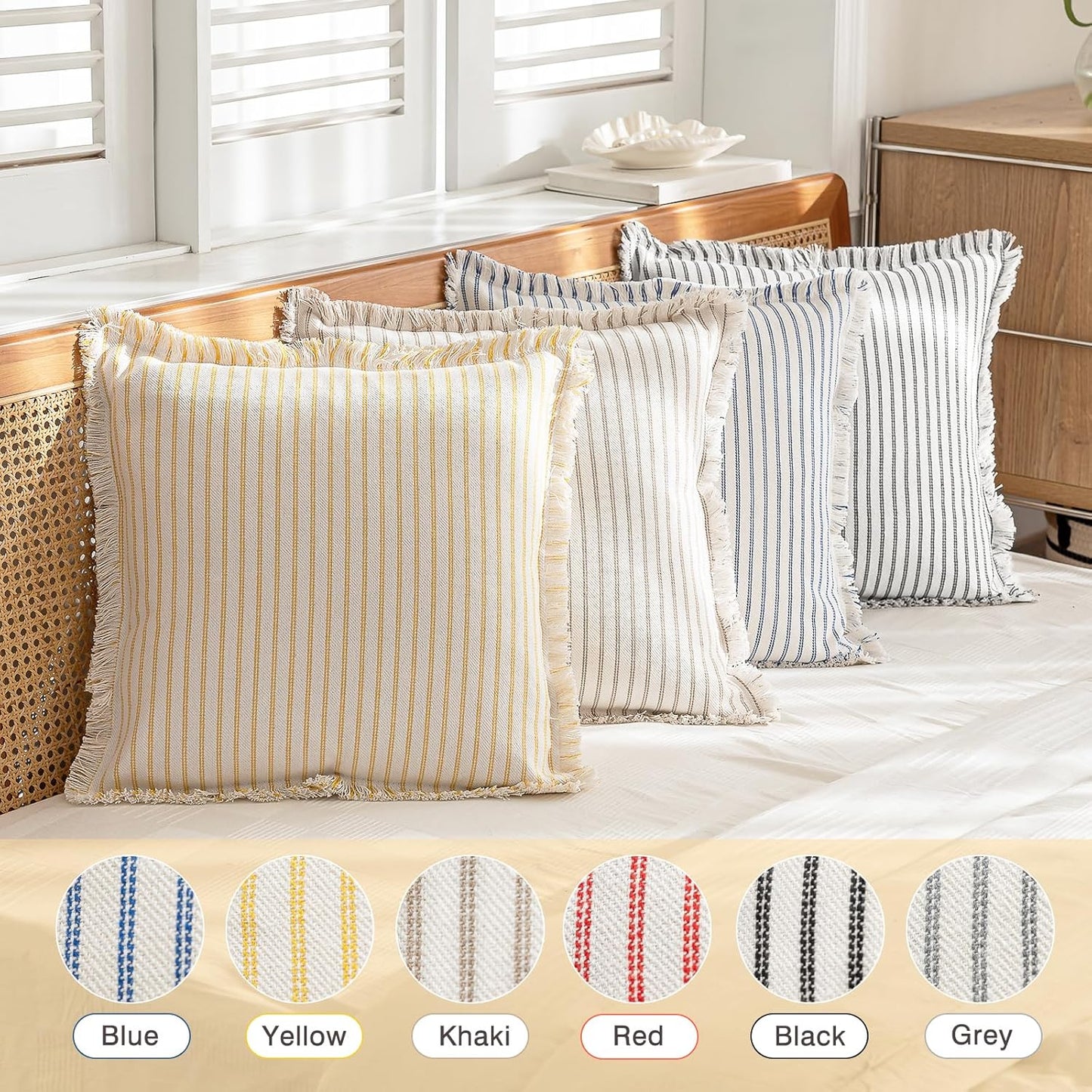 Throw Pillow Covers Striped Fringe Pillow Cover Farmhouse Cushion / Yellow / 20 x 20 / Set of 2