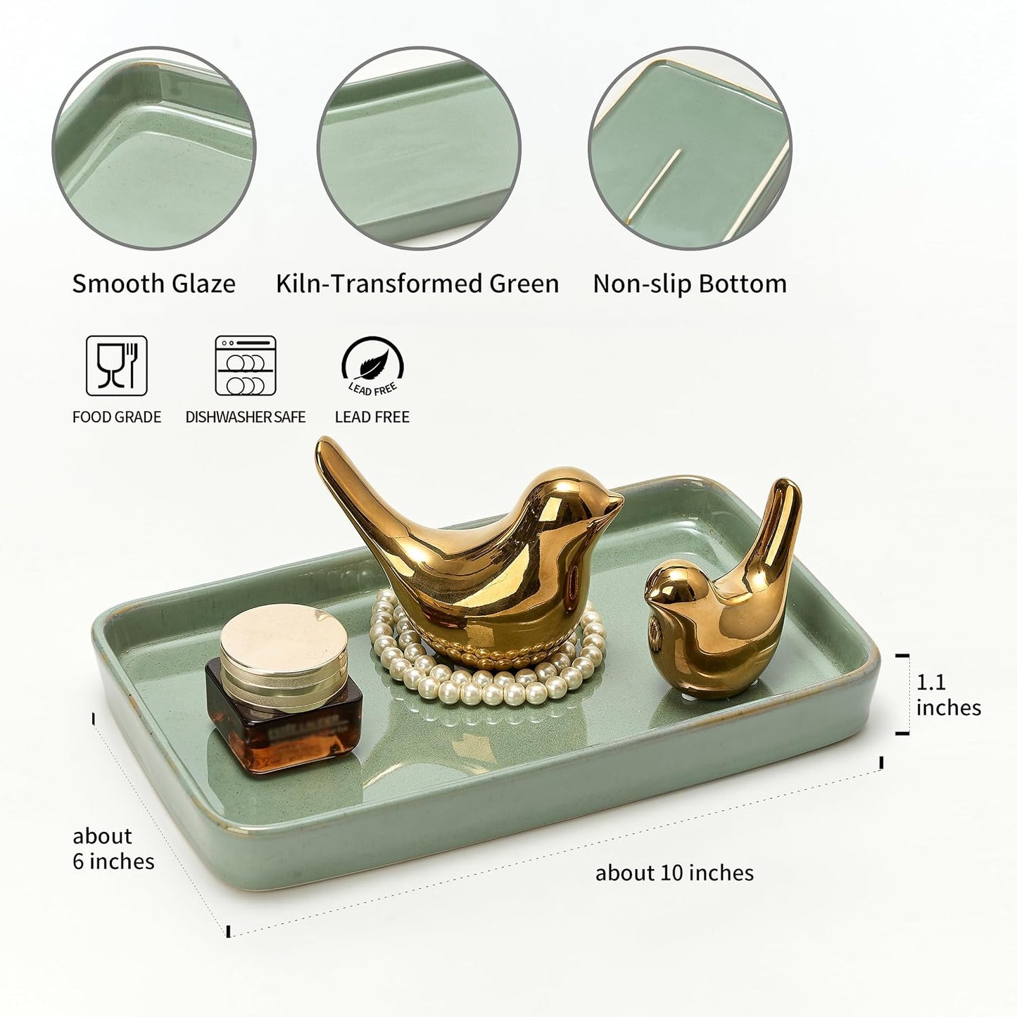 Bathroom Vanity Tray for Countertop- Ceramic Decorative / Kiln-transformed Green-1 Pc / 10 x 6 x 1