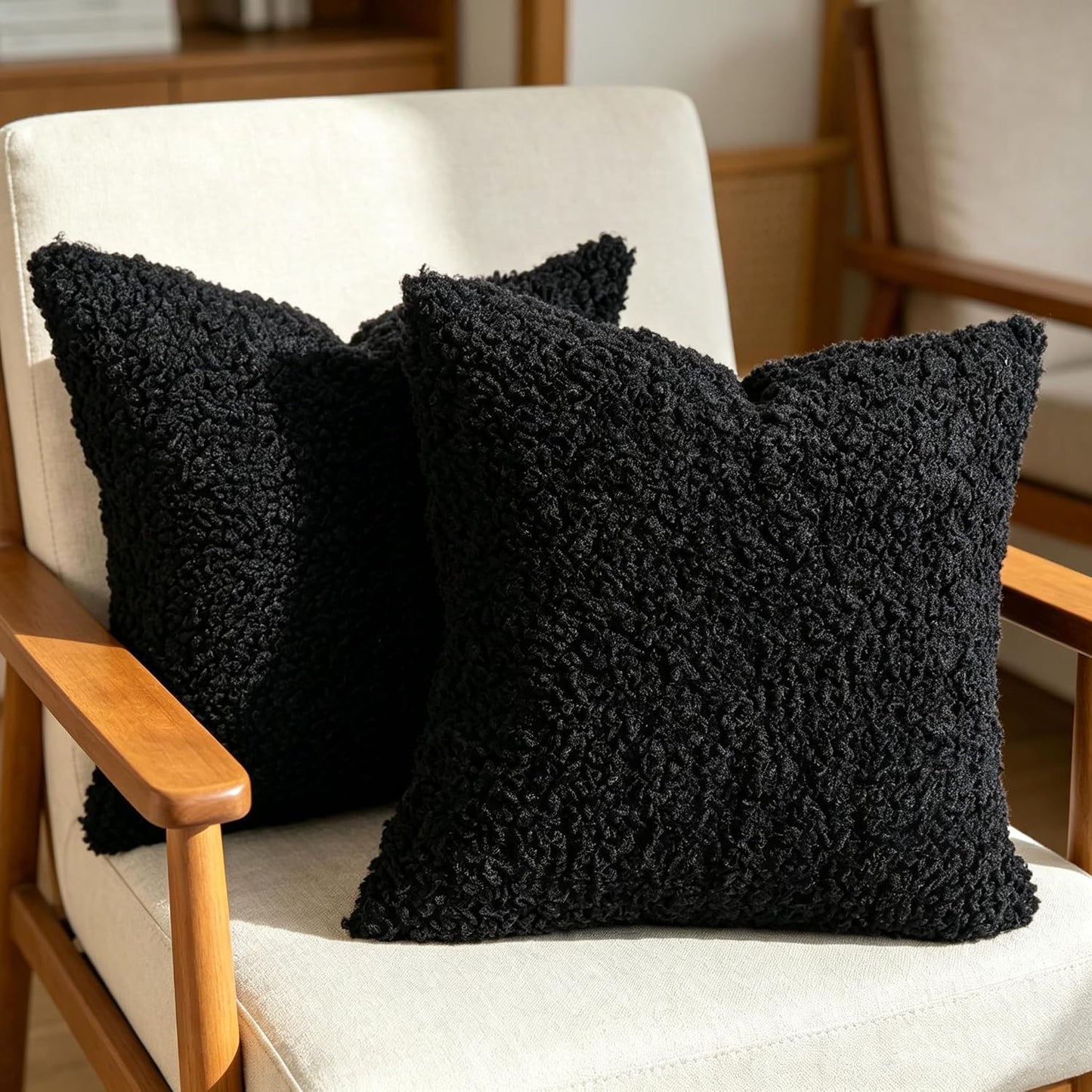 Faux Fur Decorative Pillow Covers Soft Fluffy Sherpa Boucle Throw / Black / 18 x 18 / Set of 2