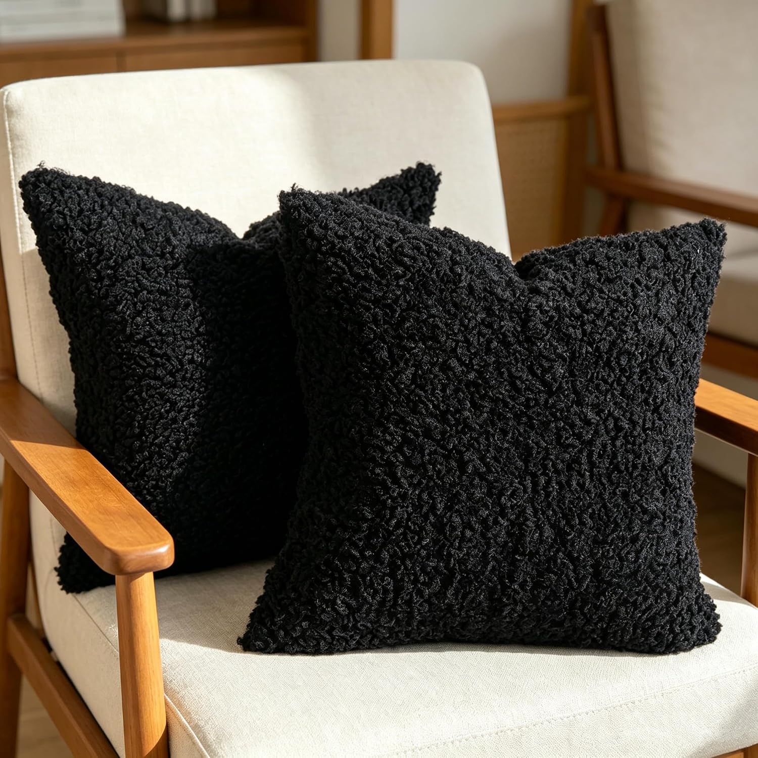 Faux Fur Decorative Pillow Covers Soft Fluffy Sherpa Boucle Throw / Black / 18 x 18 / Set of 2