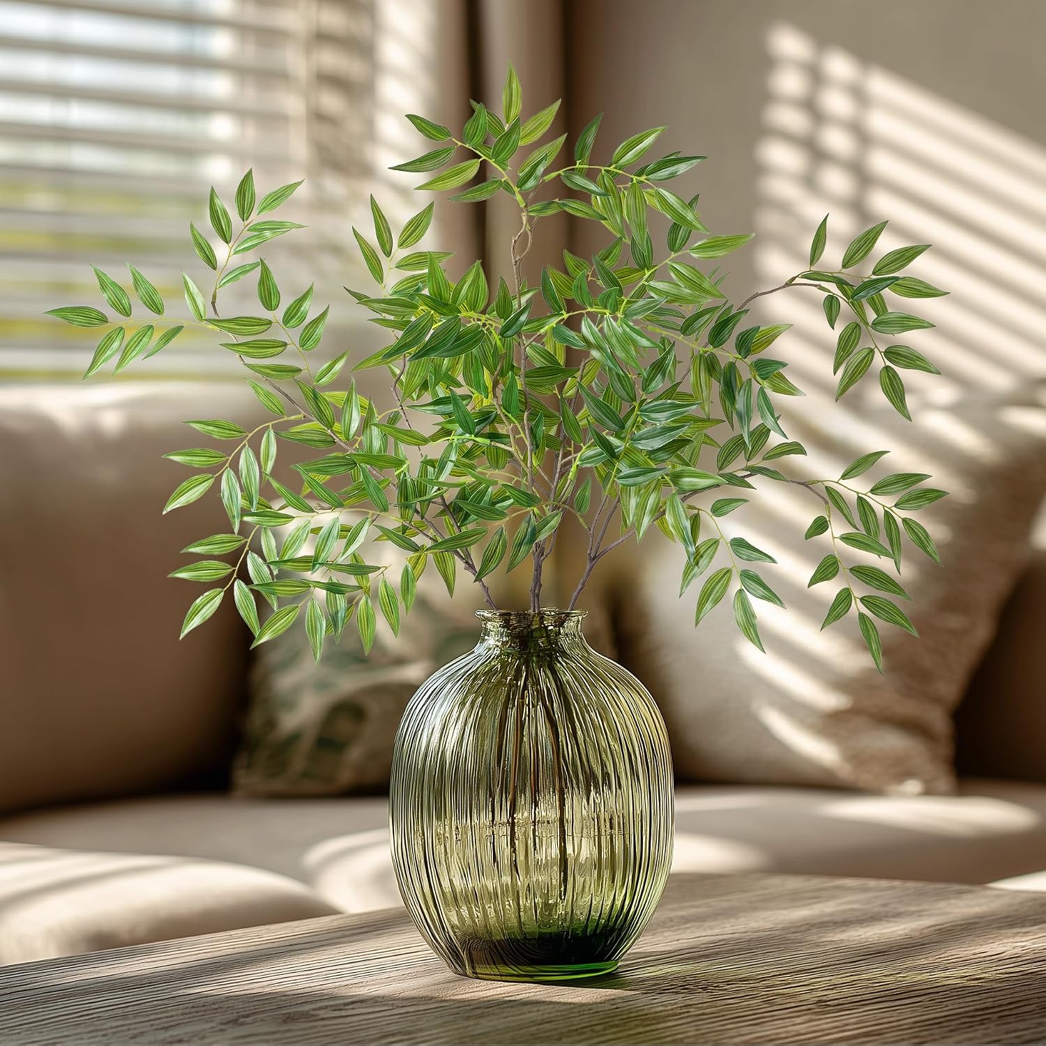 Fake Plants Faux Bamboo Leaves Stems Artificial Greenery Stems Artificial / Green-zyj4 / 32.3 Inch