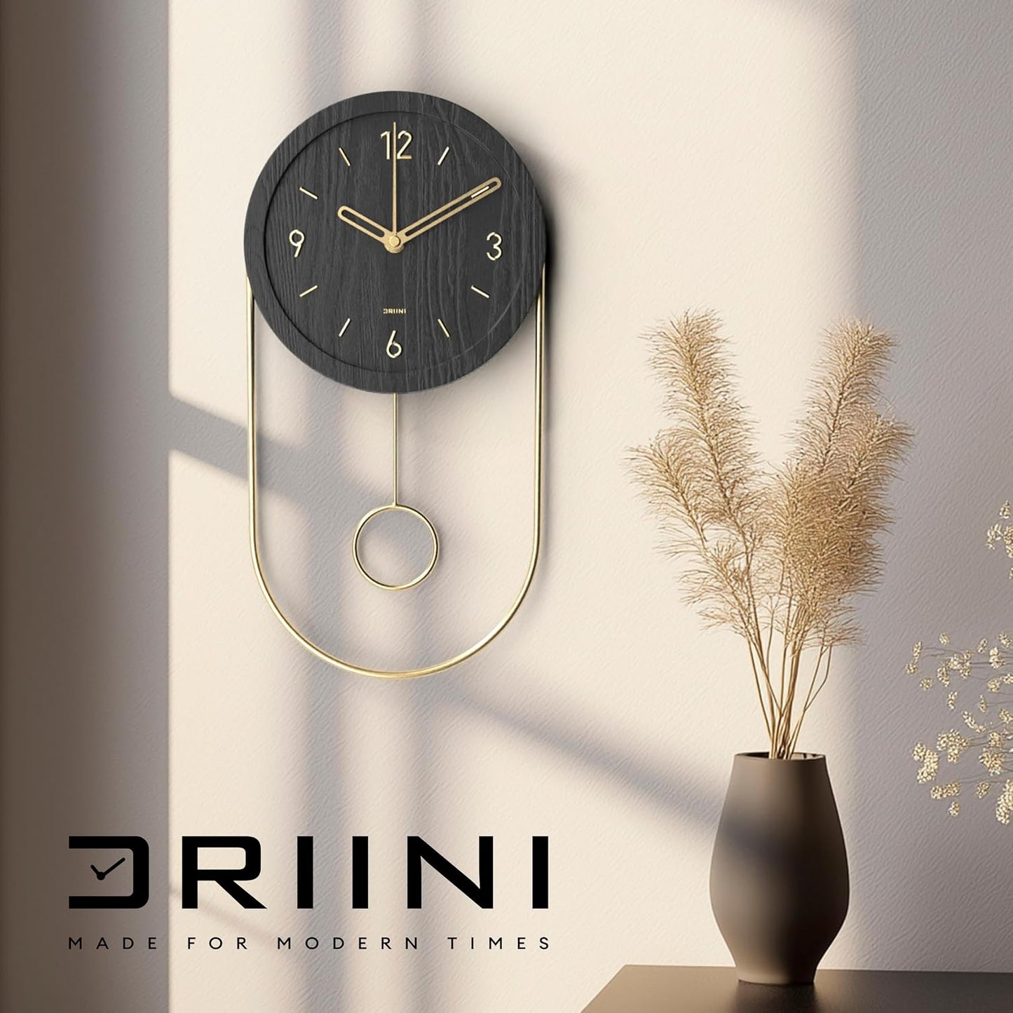 Driini Decorative Wall Clock with Pendulum (Black) – Modern Wood, 3D Gold Numbers, Metal Frame – Small, Unique Wall