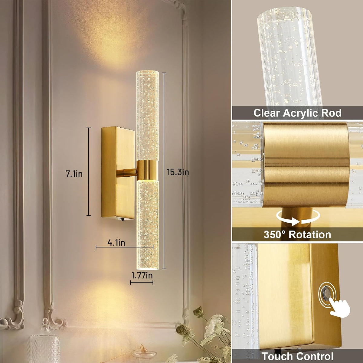 KARTOOSH Gold Battery Operated Wall Sconce Set of Two with Remote Control | Rechargeable Wireless Wall Decor Light