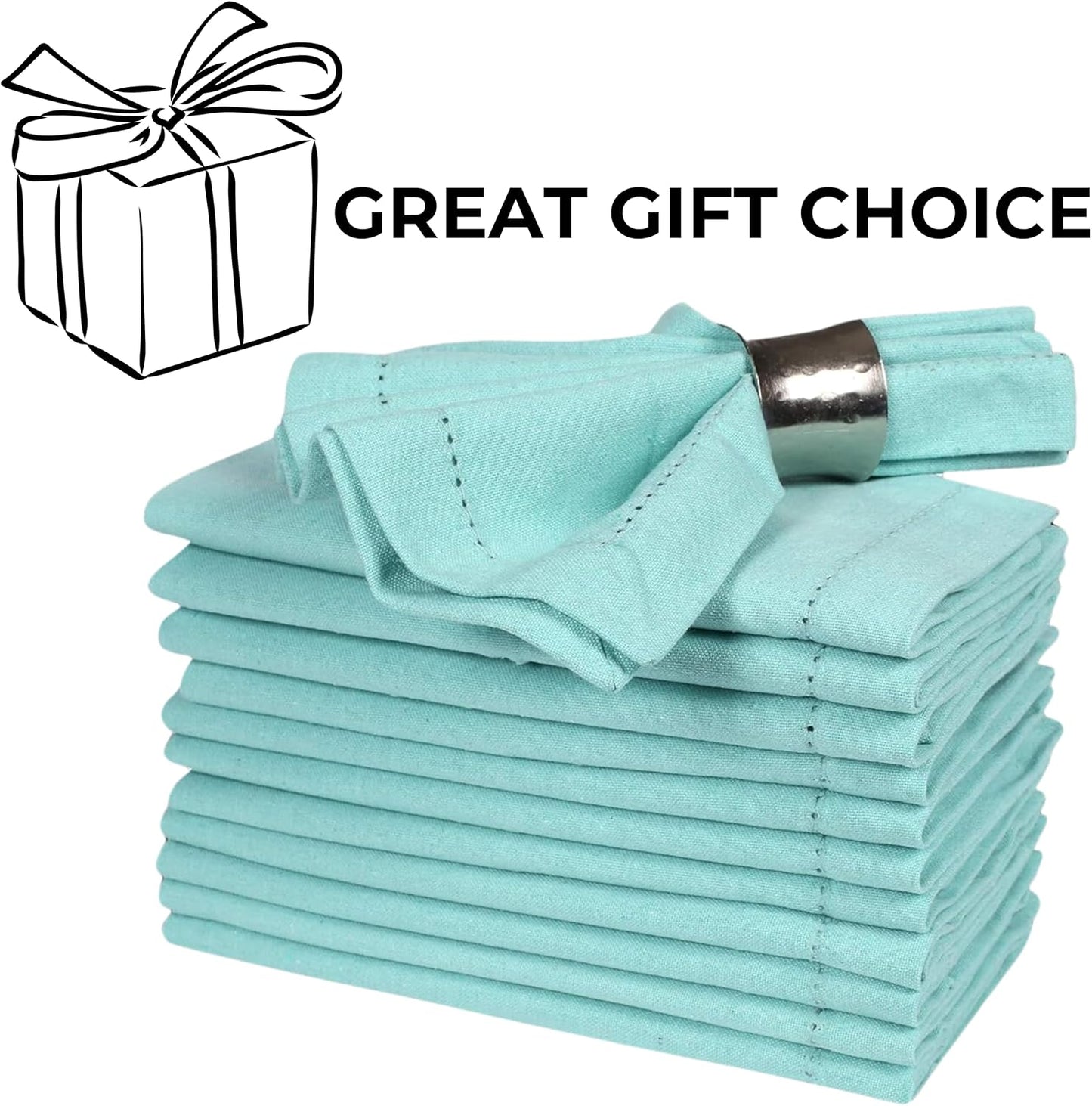 Bedding Craft Cotton Cloth Dinner Napkins Set of 12 – 18x18 Aqua with Hemstitched Mitered Corners – Reusable Machine