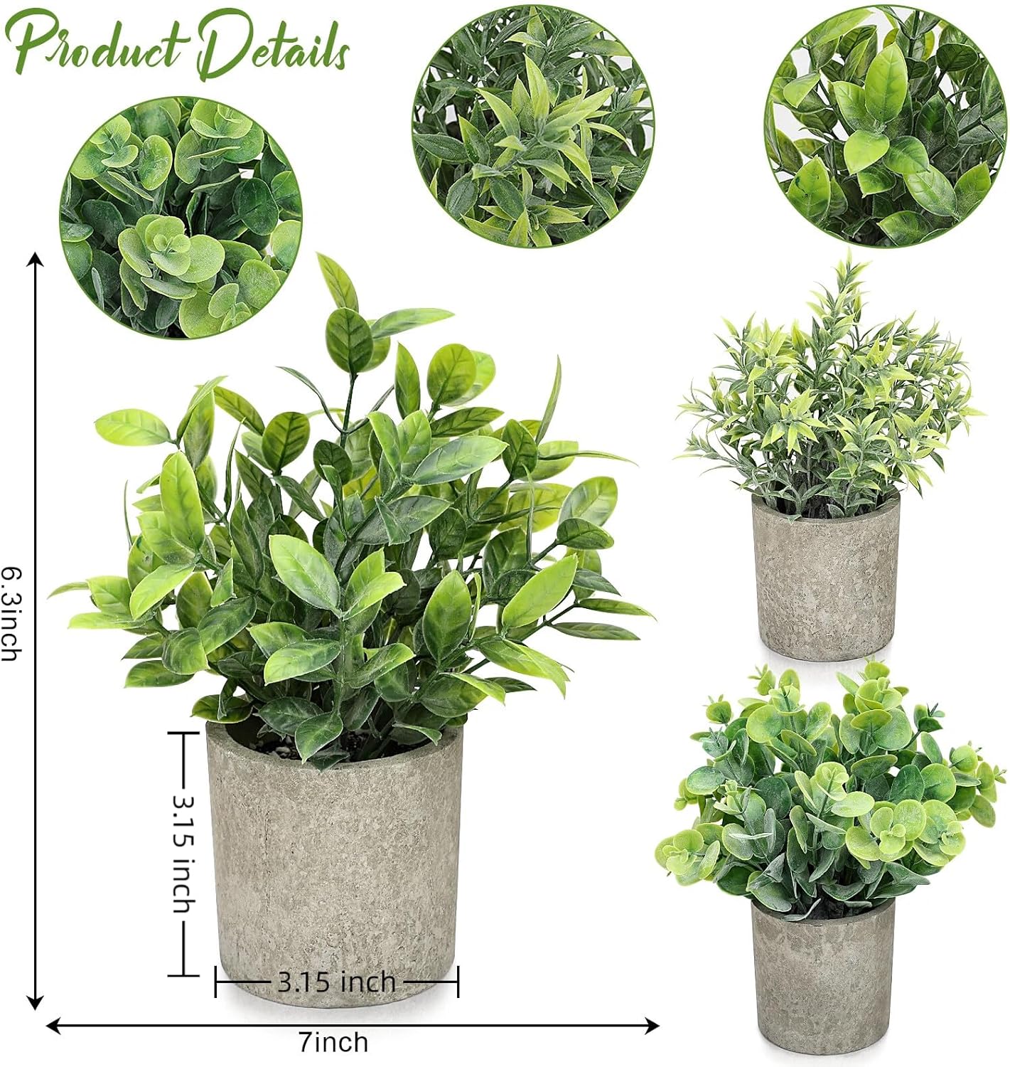 Mini Potted Fake Plants Artificial Small Eucalyptus Plants / Green / Mimi Potted Plants / Set of 3