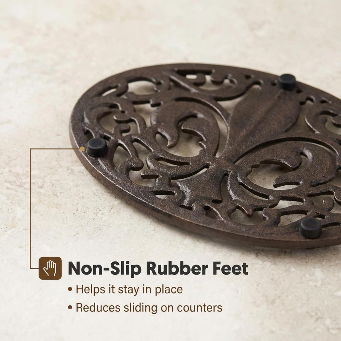 Lulu Decor,100% Cast Iron Oval Fleur de lis Trivet, Set of 2, for Hot Dishes or Pots, Beautiful Intricate Design
