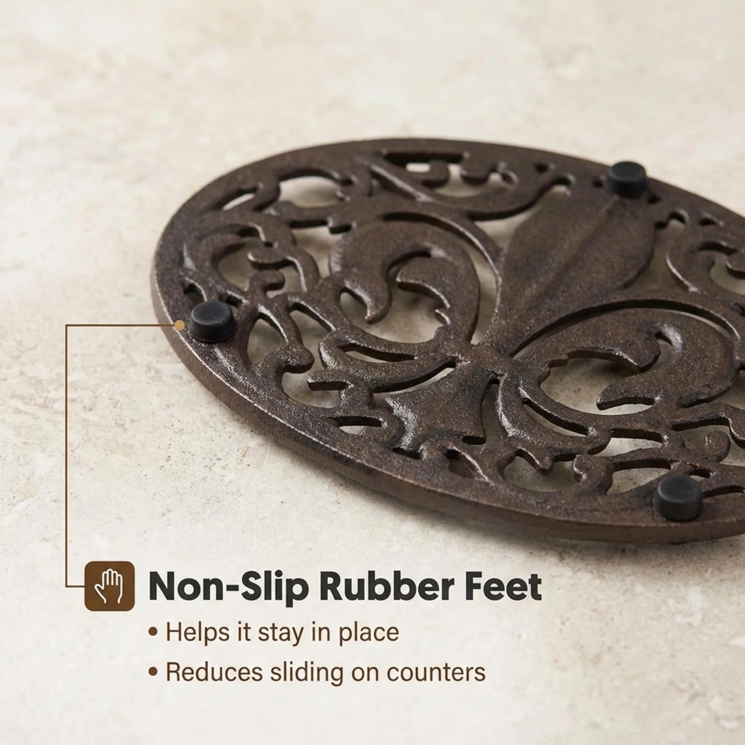 Lulu Decor,100% Cast Iron Oval Fleur de lis Trivet, Set of 2, for Hot Dishes or Pots, Beautiful Intricate Design