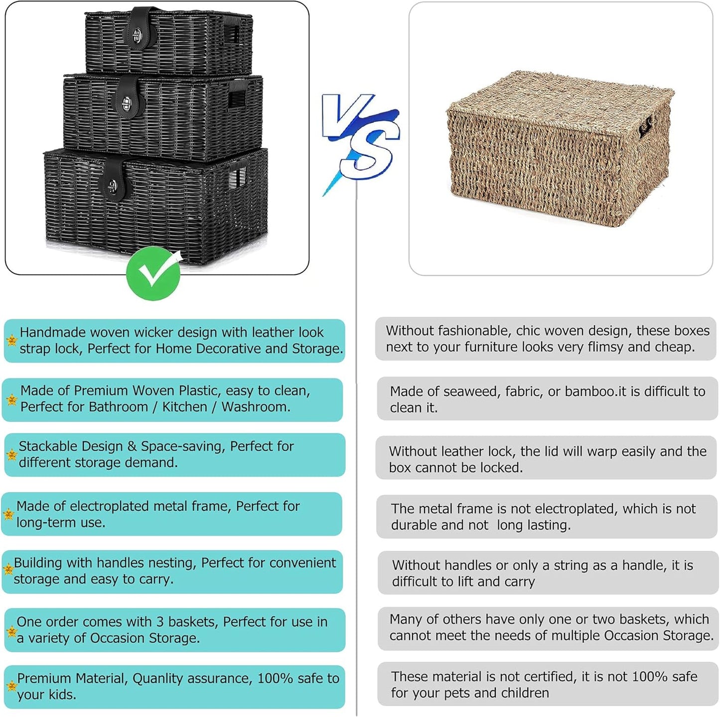 Woven Wicker Storage Basket Box / Black / Set of 3