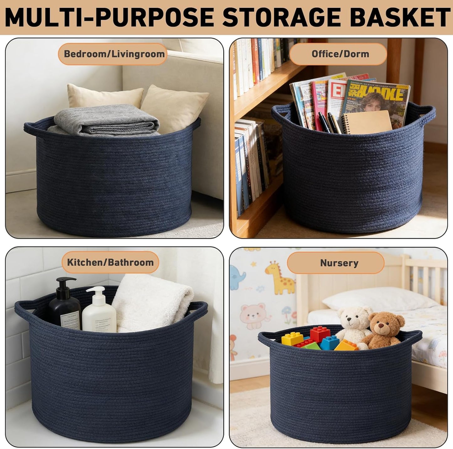 Woven Rope Laundry Basket Hamper / Dark Blue / 19.7"L x 19.7"W x 13"H