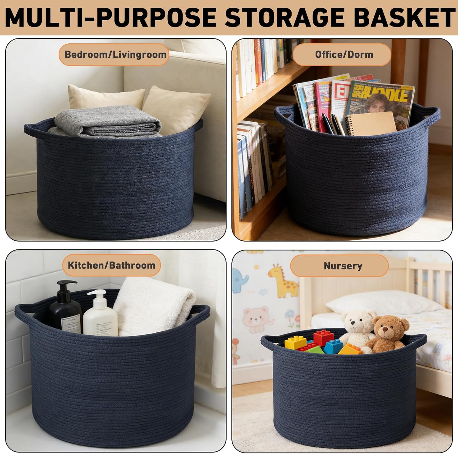 Woven Rope Laundry Basket Hamper / Dark Blue / 19.7"L x 19.7"W x 13"H
