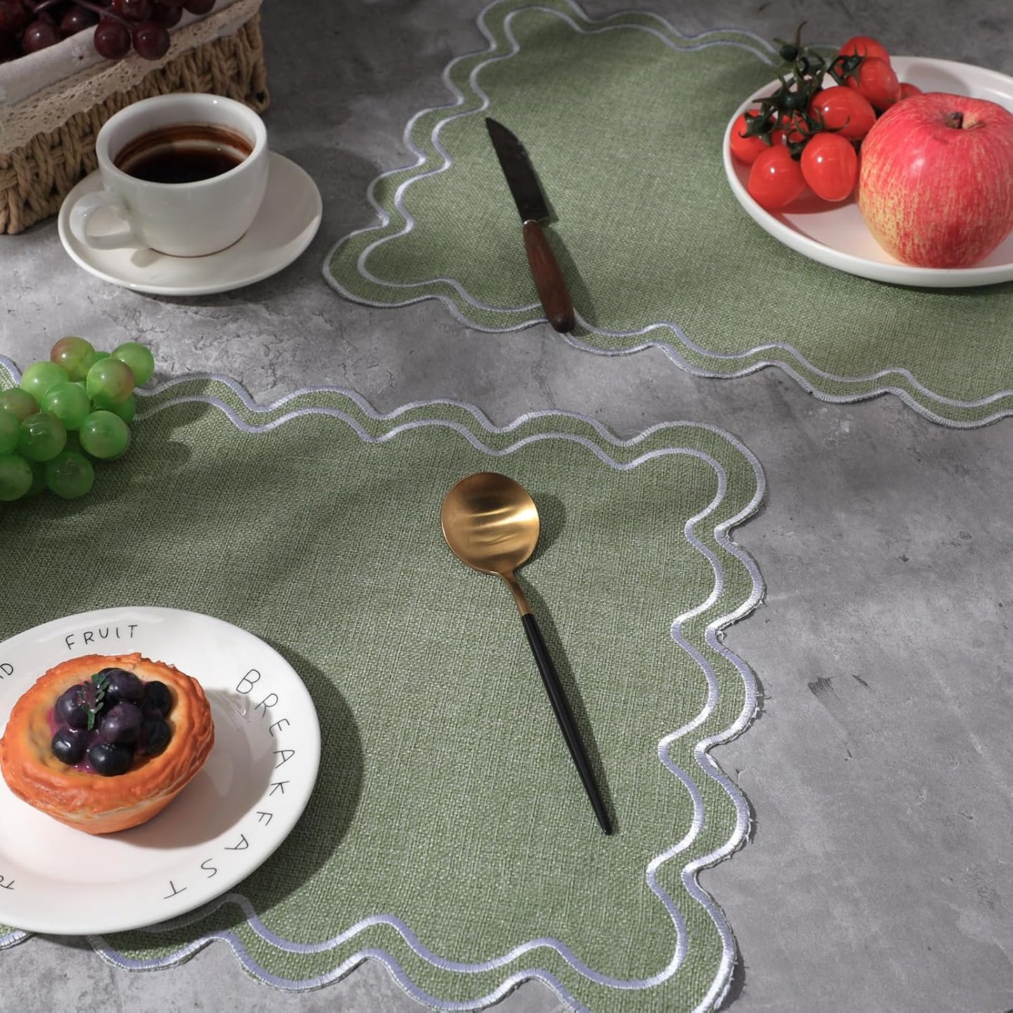 HunnmingRe Sage Green with White Set of 6 Cotton Linen Wedding Placemats, 13x19 Inch Scalloped Wavy Embroidery Placemat