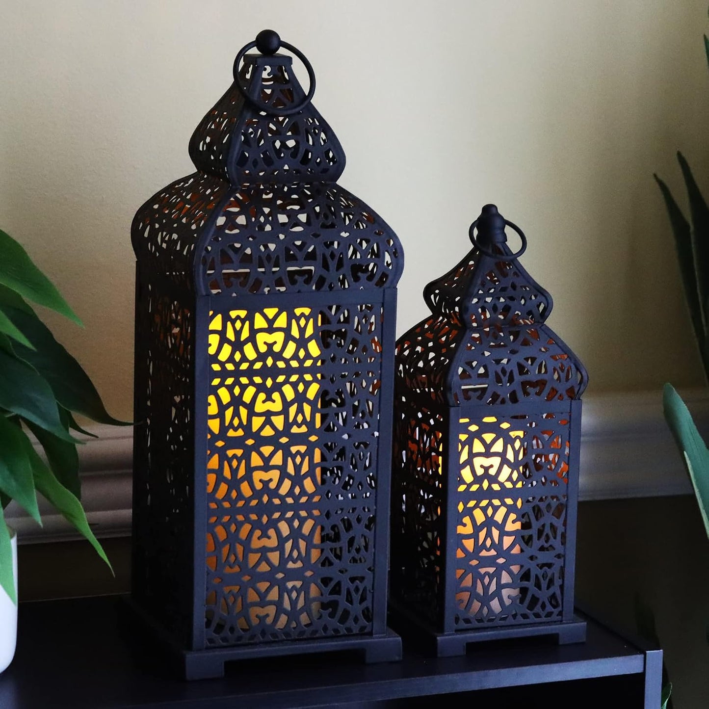 Vela Lanterns Decorative Indoor Moroccan Candle Holders, Black, Set of 2 | Halloween & Ramadan Decorations for Home