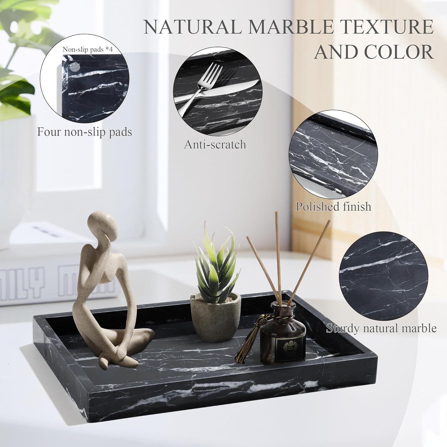 Storage Trays / Real Natural Marble Tray / 12 x 8 x 1.2 / Black