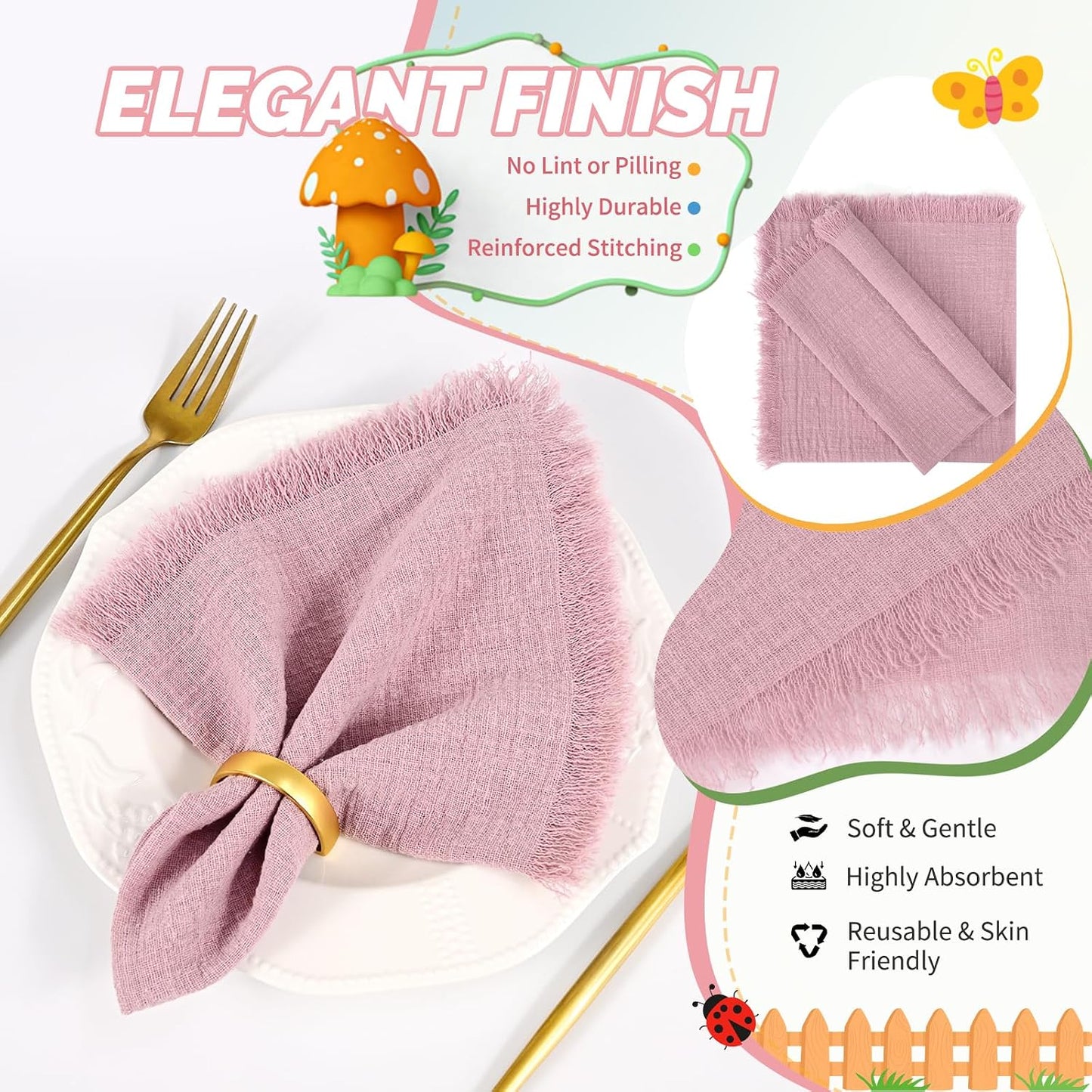 Showgeous 30 Pack Dusty Rose Cloth Napkins with Fringe, 16x16 inch | 100% Cotton Napkins Handmade Dinner Napkins Bulk