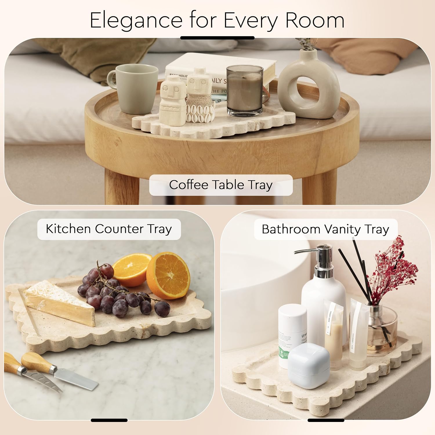 Scalloped Marble Tray / Beige Travertine / 11.8 x 7.9 x 0.8