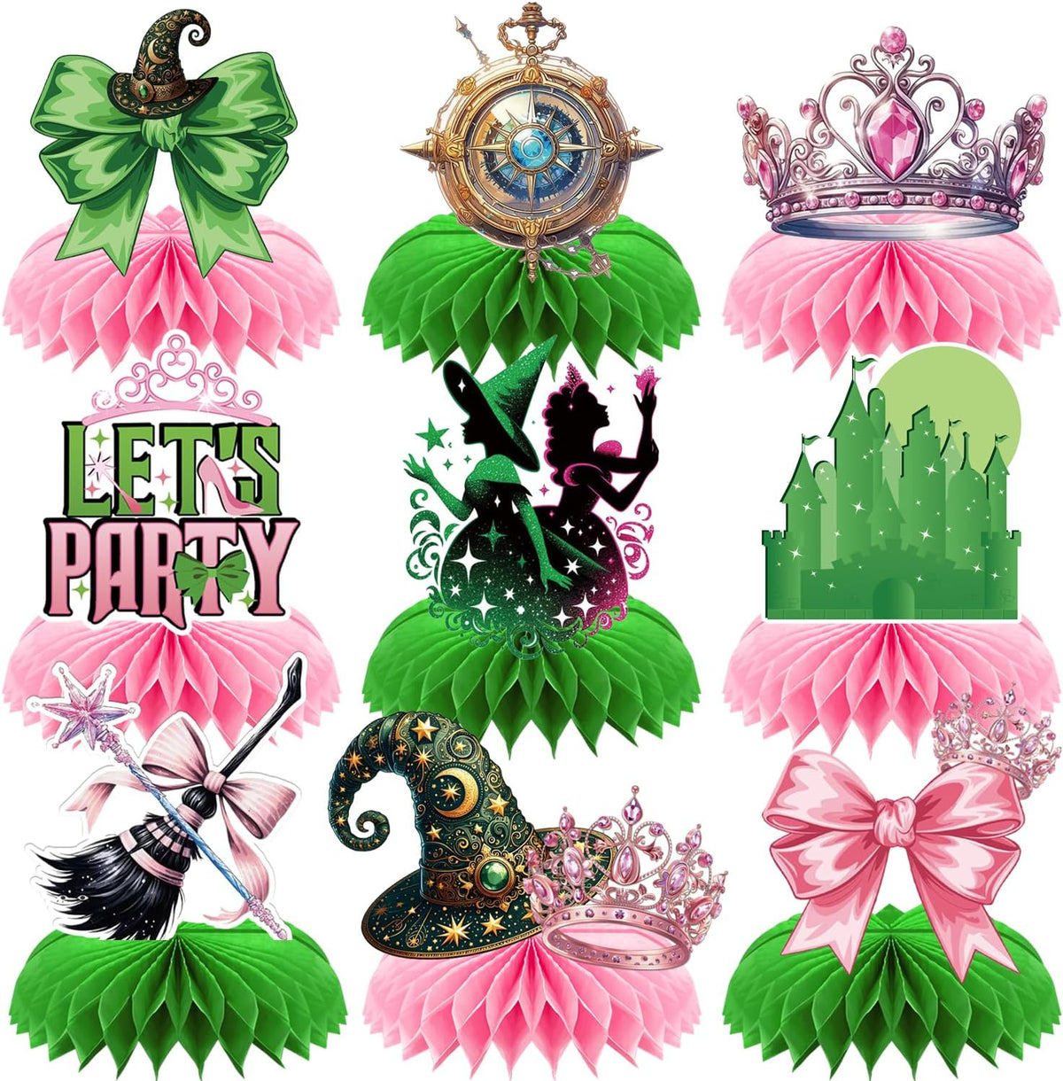Witch Theme Party Table Decorations - Pink and Green Honeycomb Centerpieces for Movie Birthday Decor, Magical Witch Table Toppers and Party Supplies for Girls, Kids