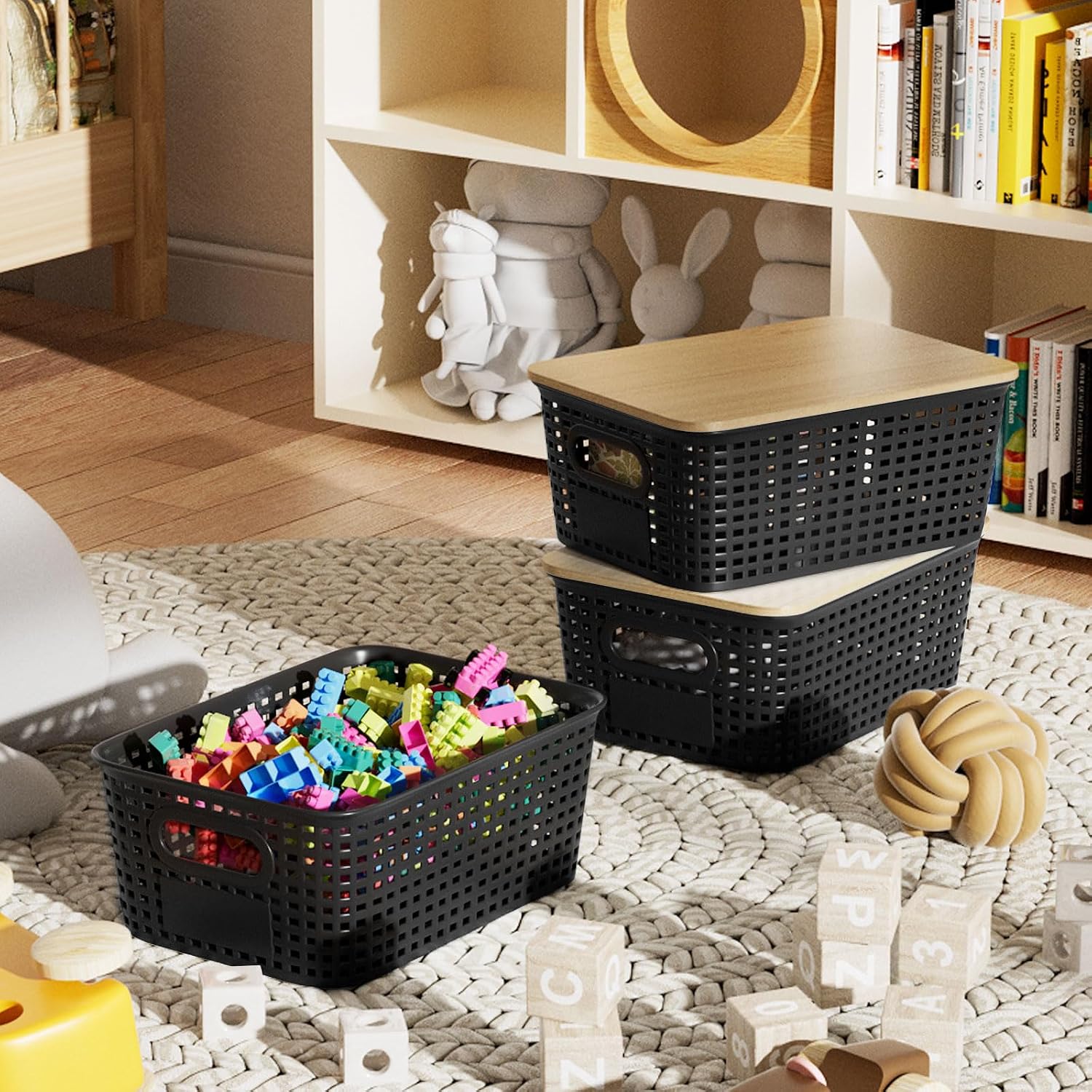 Storage Bins / Stackable Plastic Storage Basket / Black / Set of 6