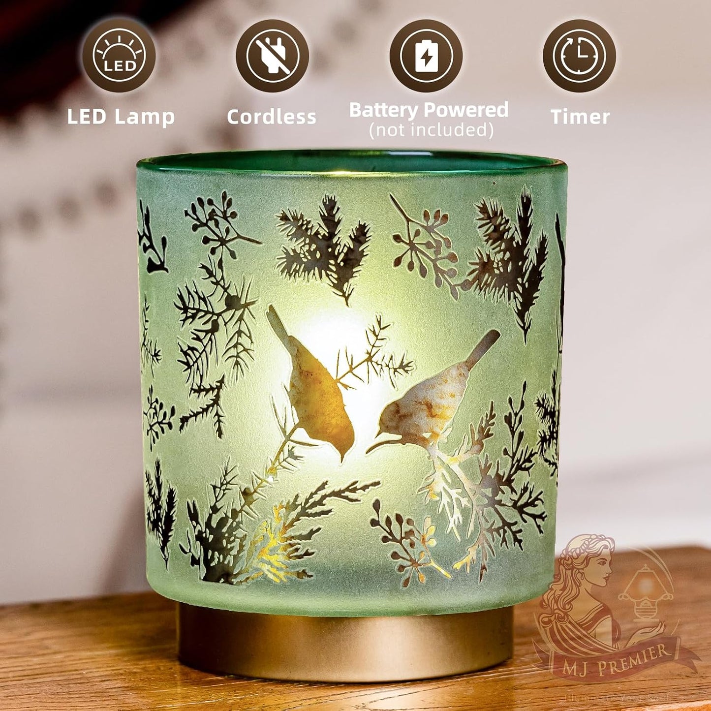 MJ PREMIER Battery Operated Lamps Cordless, Bird Lamp for Home Decor, Green | Large Stained Glass Table Lamp, 3 AA