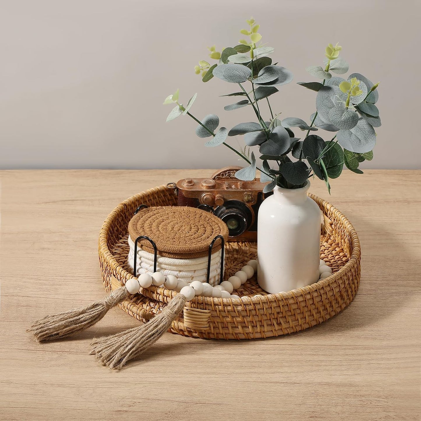 11.8" Hand-Woven Round Wicker Tray Circle Rattan Decorative Serving Tray Cotton Woven Coaster Wood