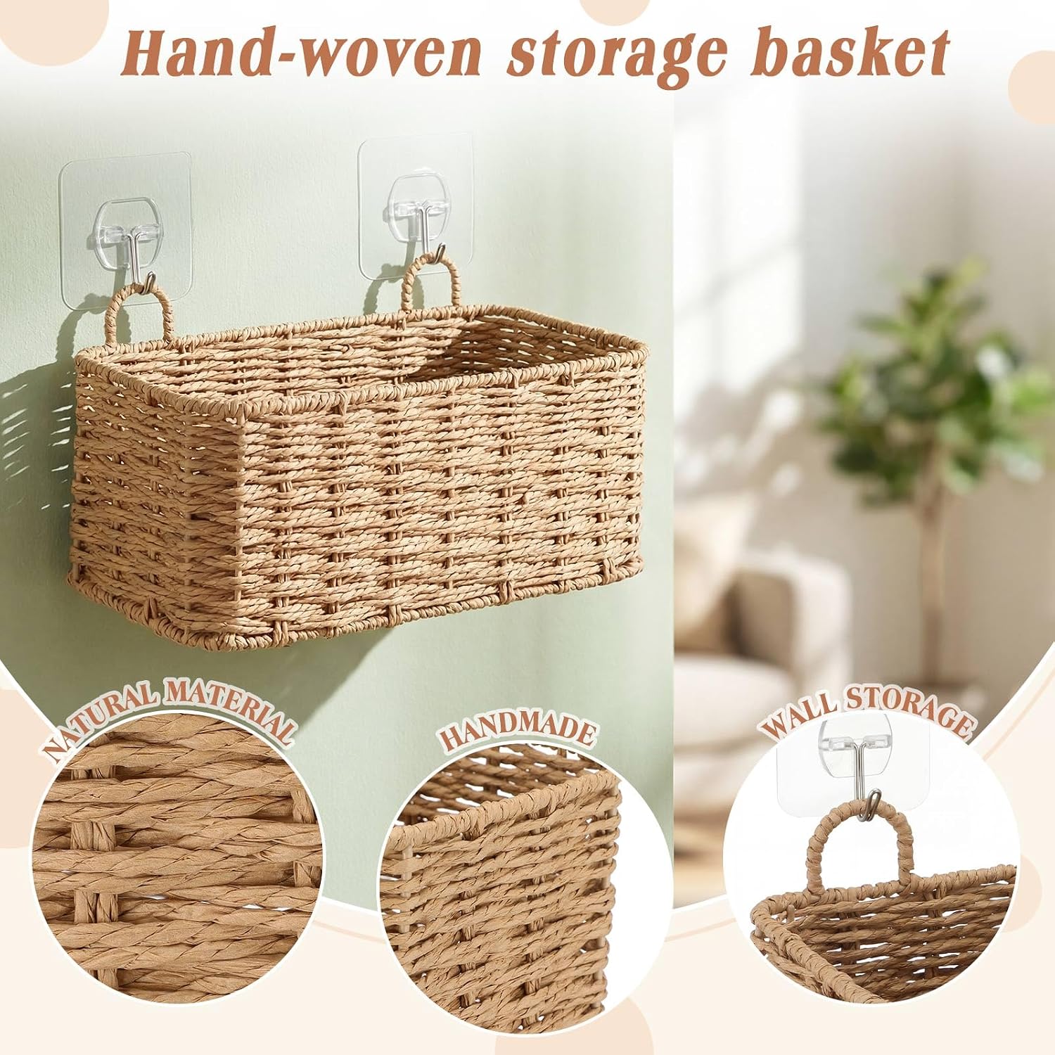 3 Piece Wall Hanging Baskets for Organizing Woven Baskets Sets Boho Style / Natural Tan / Rectangle