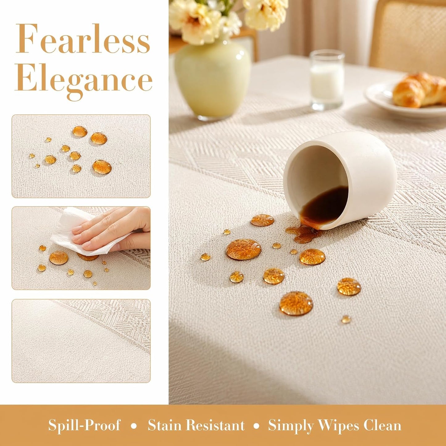 Nordic Faux Linen Tablecloth, Rectangle Modern Cream Beige Cover | Stain Resistant & Spillproof Minimalist Solid Table