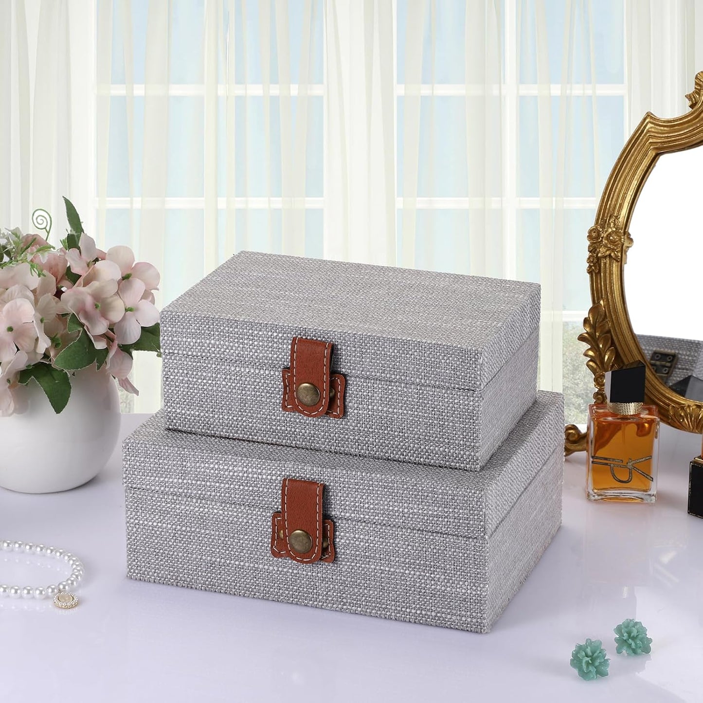 Linen Covered Rectangular Keepsake Case / Small / Gray