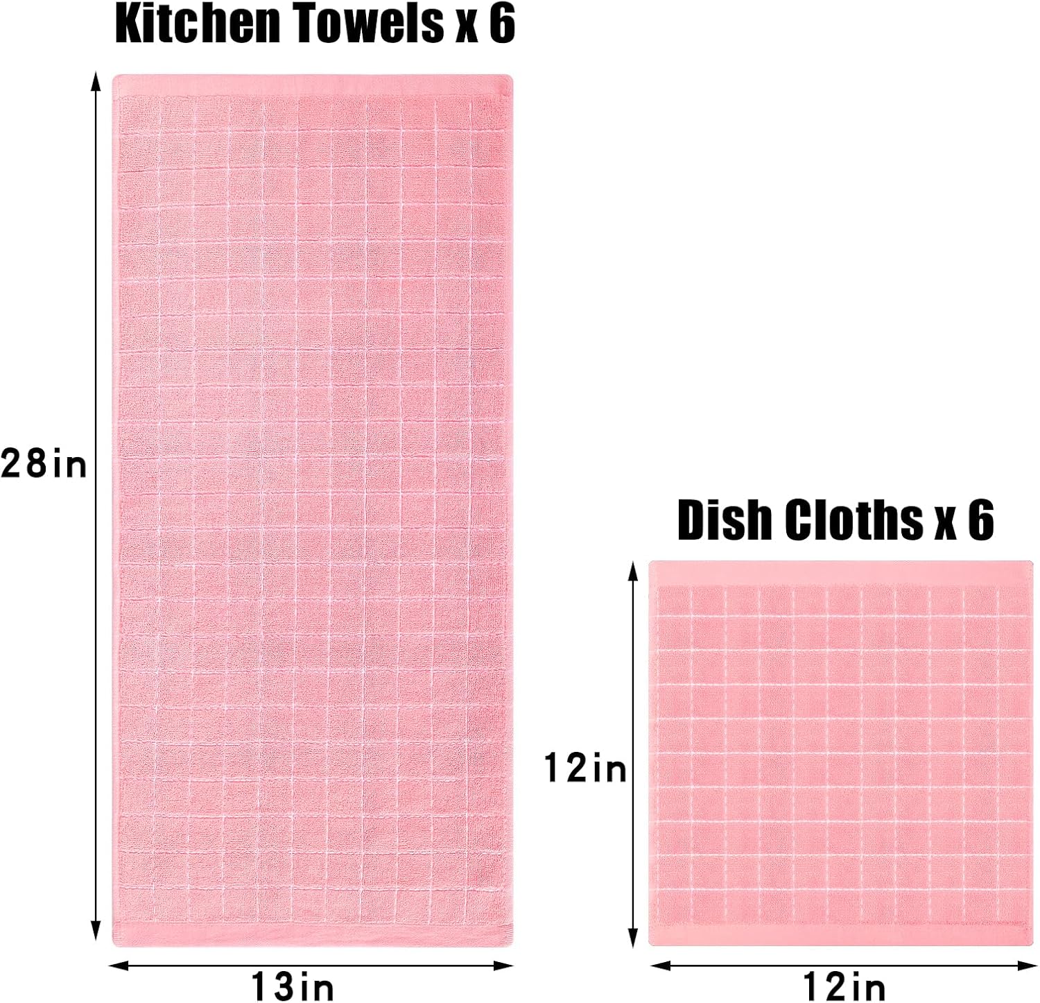 Homaxy Kitchen Towels and Dishcloths Set, Set of 12, Pink | Bulk Cotton Terry Kitchen Towels, Checkered Designed, Soft