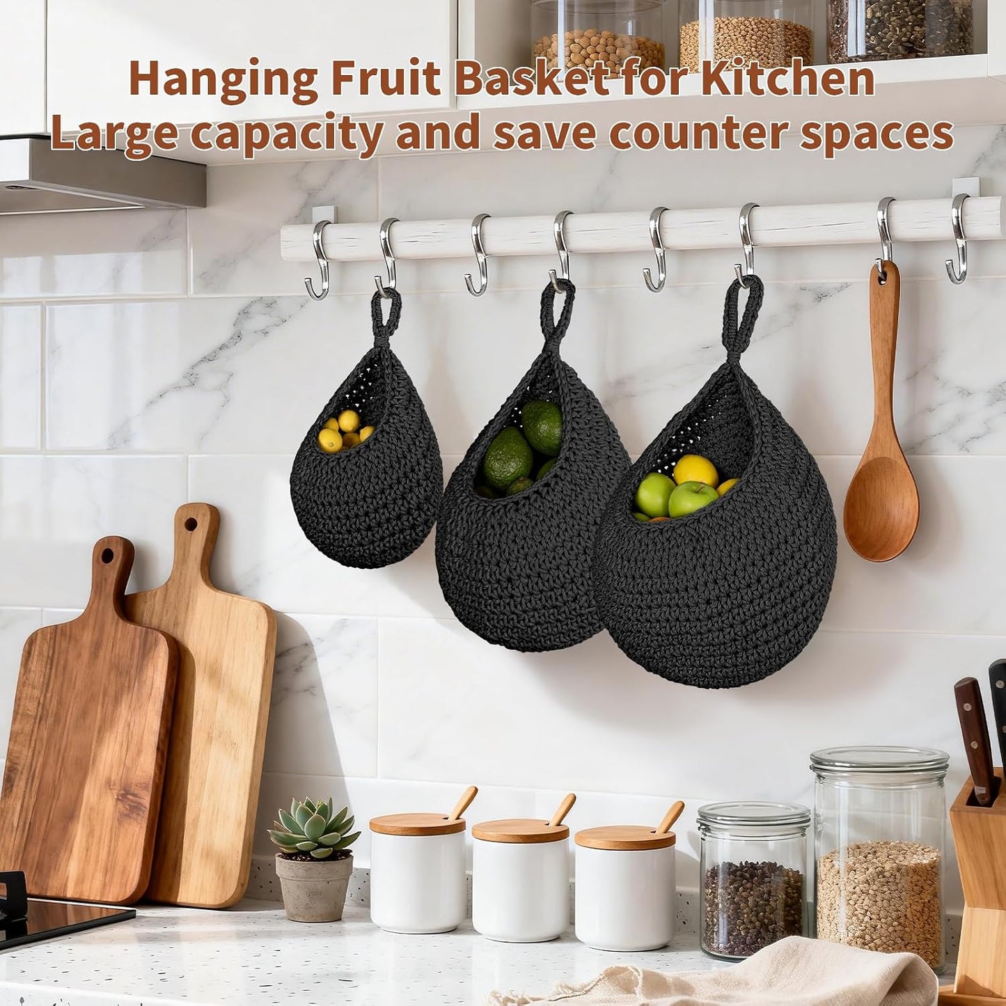 Boho Decor Hanging Fruit Baskets / Black / Cotton Rope-a / Set of 3