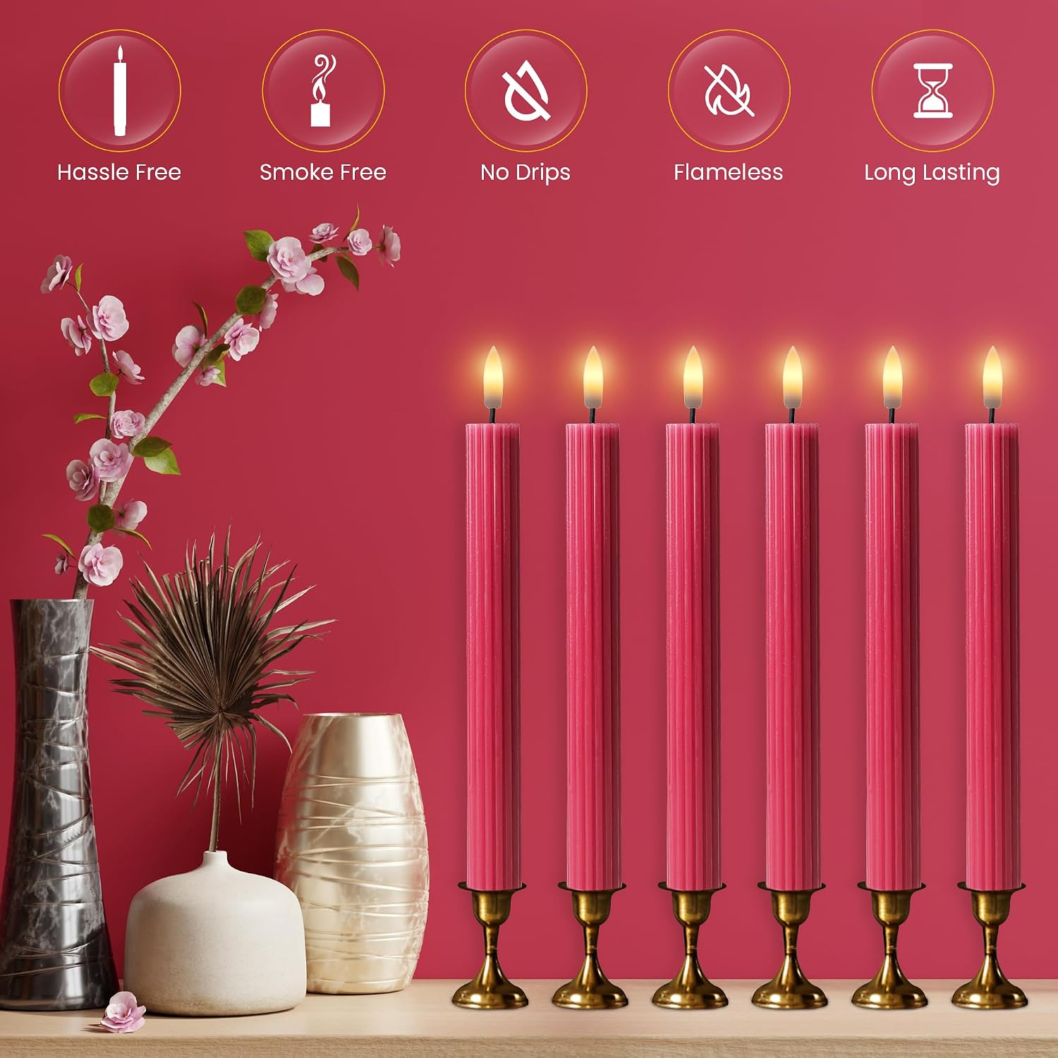 10" Fluted LED Pink Grooved Pillar Candles with 2 Remotes & 24h Timer Memory, On/Off Switch - Flameless Dimmable