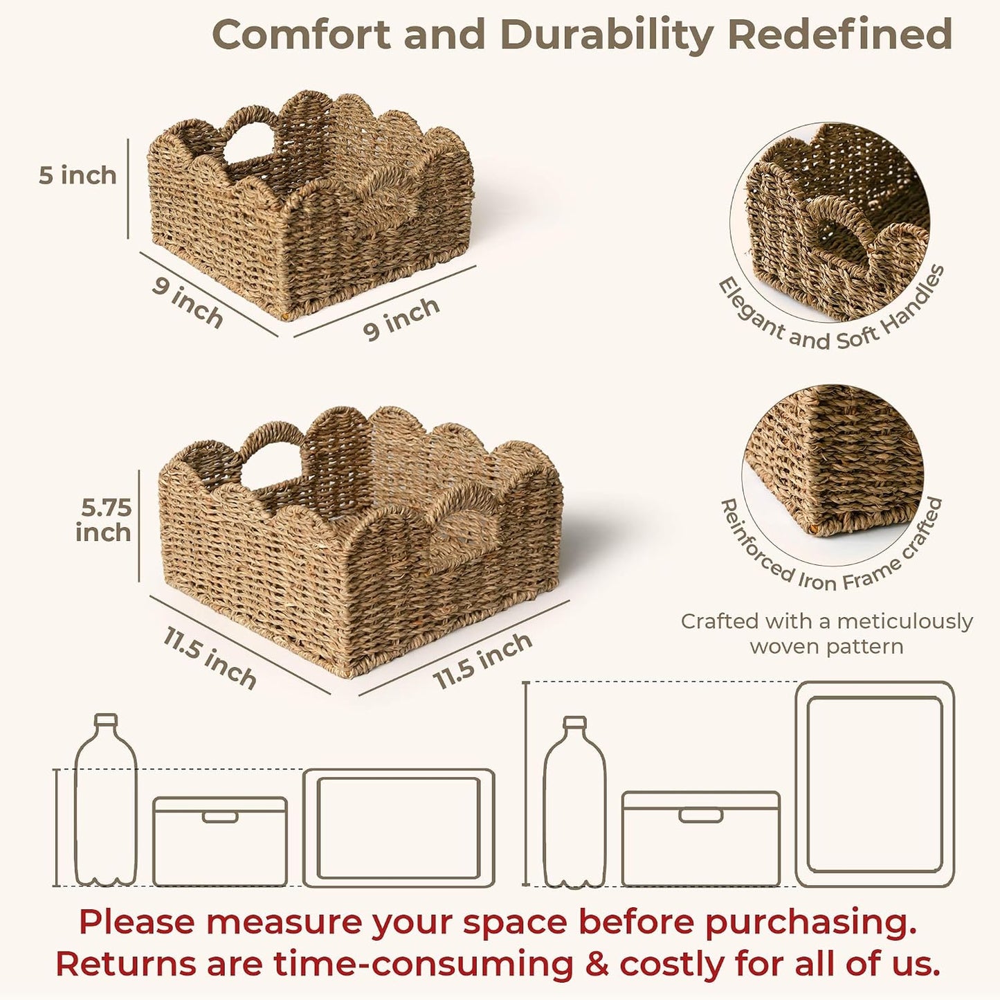 KOKODO Scalloped Storage Baskets / Set 2, Seagrass / Square Scallop / Set of 2