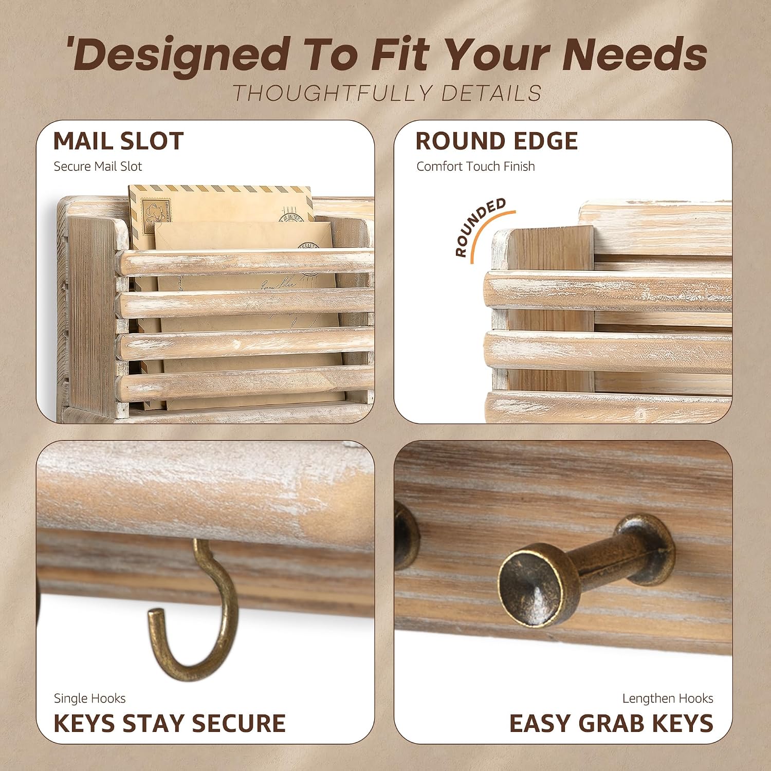 Pine Wood Key Holder Wall Mount / Natural Wood