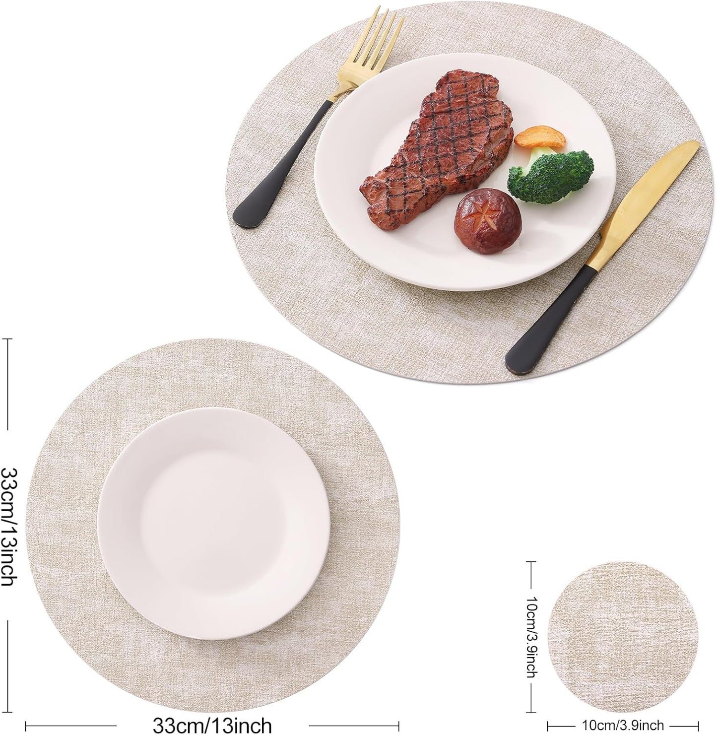 Homaxy Round Faux Leather Placemats and Coasters, Set of 8, Beige | Washable Dual-side Table Mats, Wipeable Place Mats