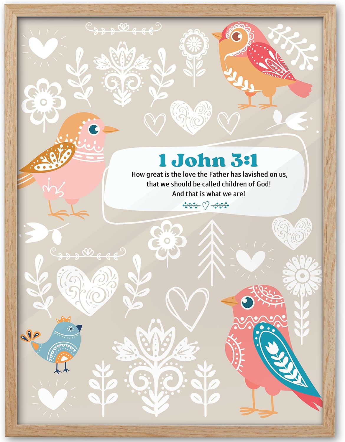KensTro 12x16 Oak Framed 1 John 3:1 Christian Bird Wall Art