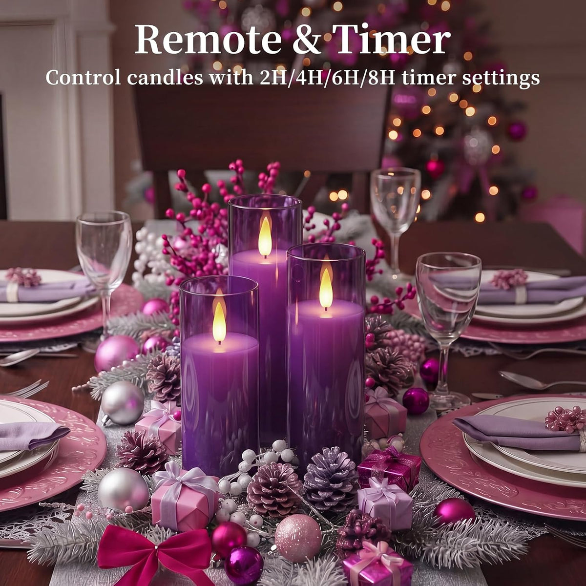 Homemory Purple Flameless LED Pillar Candles, Remote Timer, 9 Pack | Battery operated flickering LED pillar candles