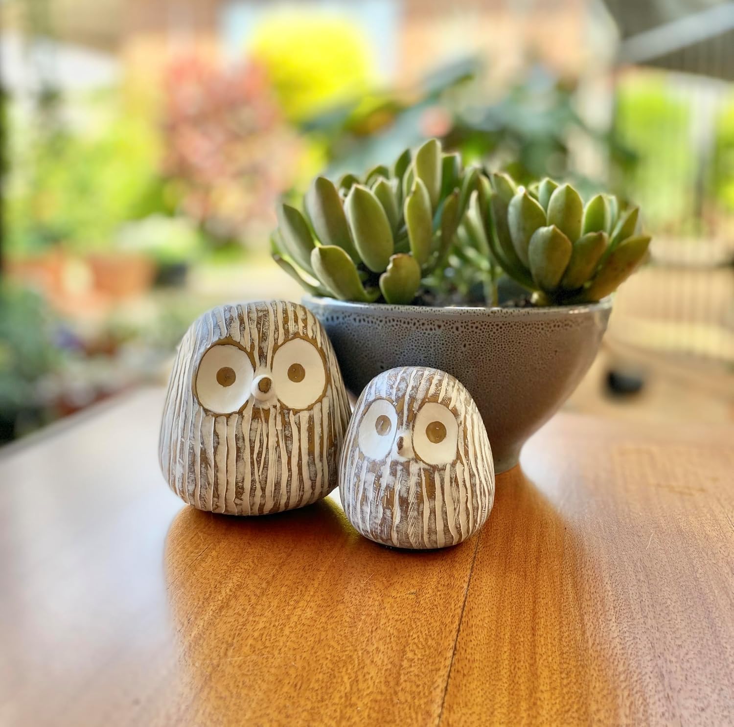 Chubby Night Owl Decor Statue Sculpture / Rustic Brown / Set of 2