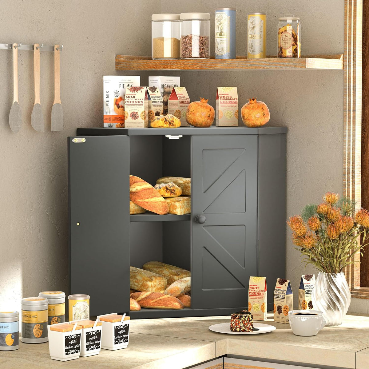 Corner Bread Box for Kitchen Countertop,Storage Container for Homemade Bread, Double Layer BreadBox, Large Capacity
