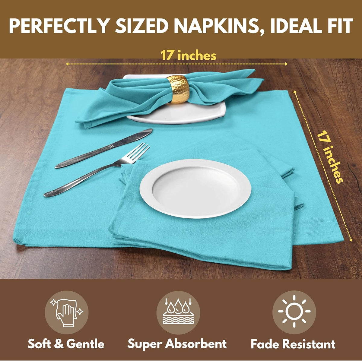 Native Fab Blue Cloth Napkins, 12 Pack, 100% Cotton, 17x17 Inches, Heavy Duty, Soft Texture, Quick Drying, Great for