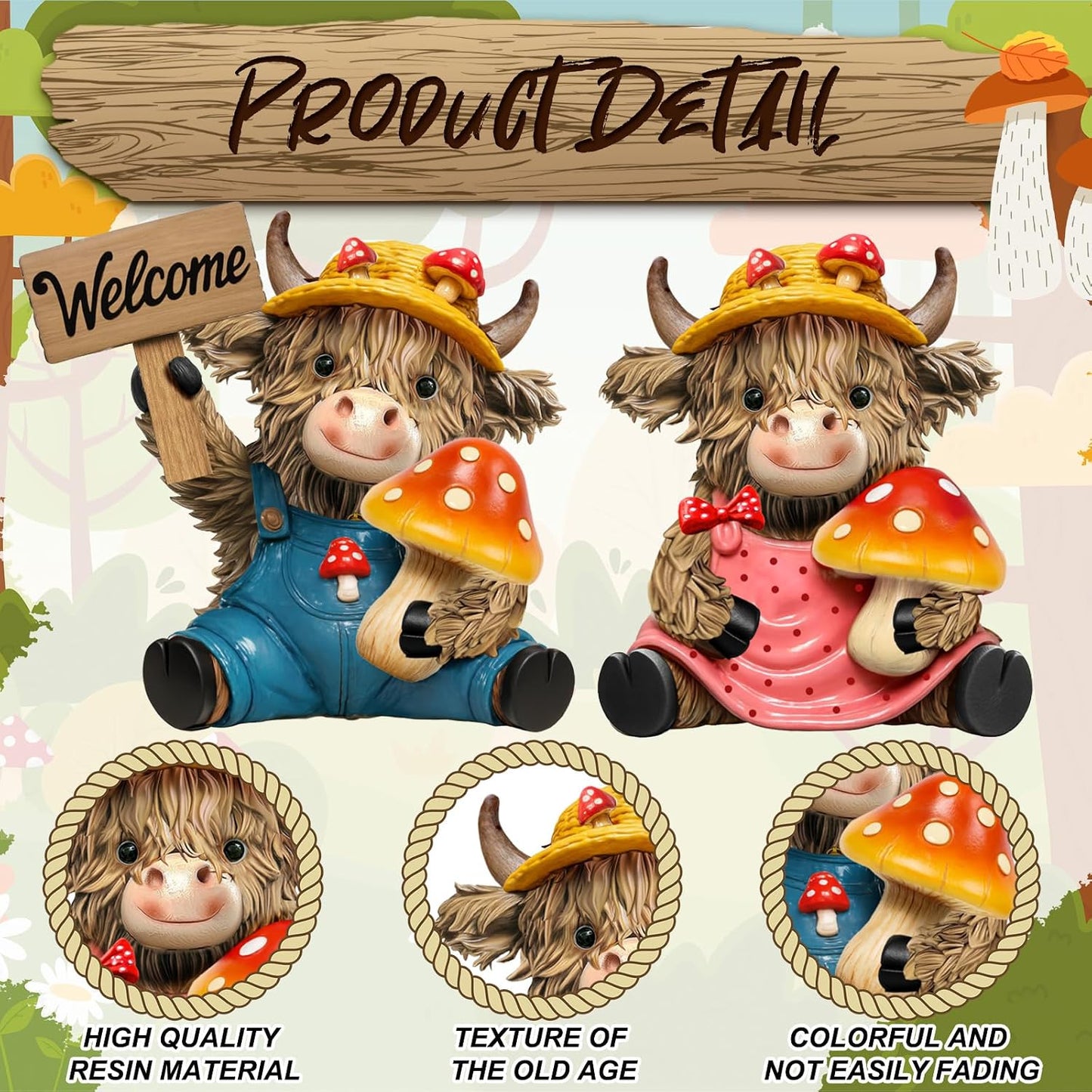 Welcome Resin Statue for Spring / Mushroom / Set of 2