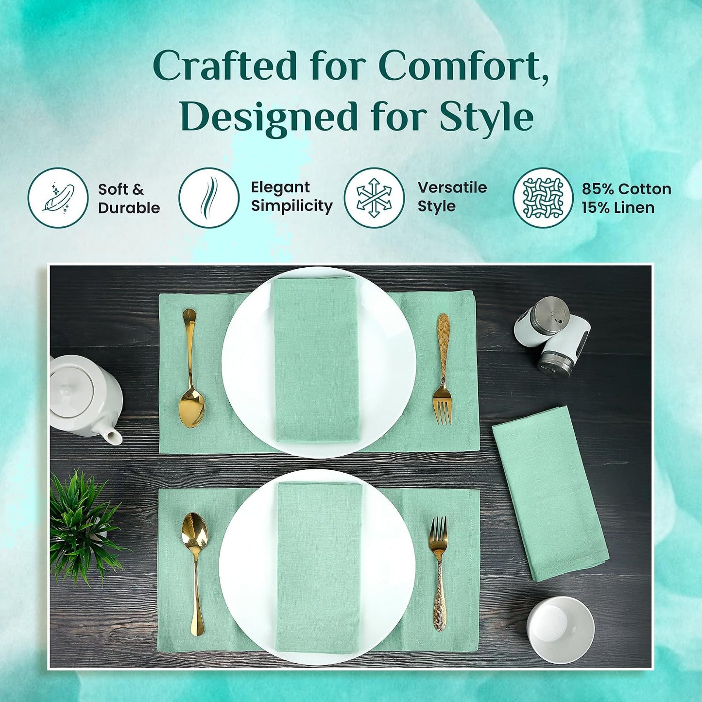 NATURALCRAFT Cloth Napkins Set of 12 Cotton Linen18x18 inch Aqua Green