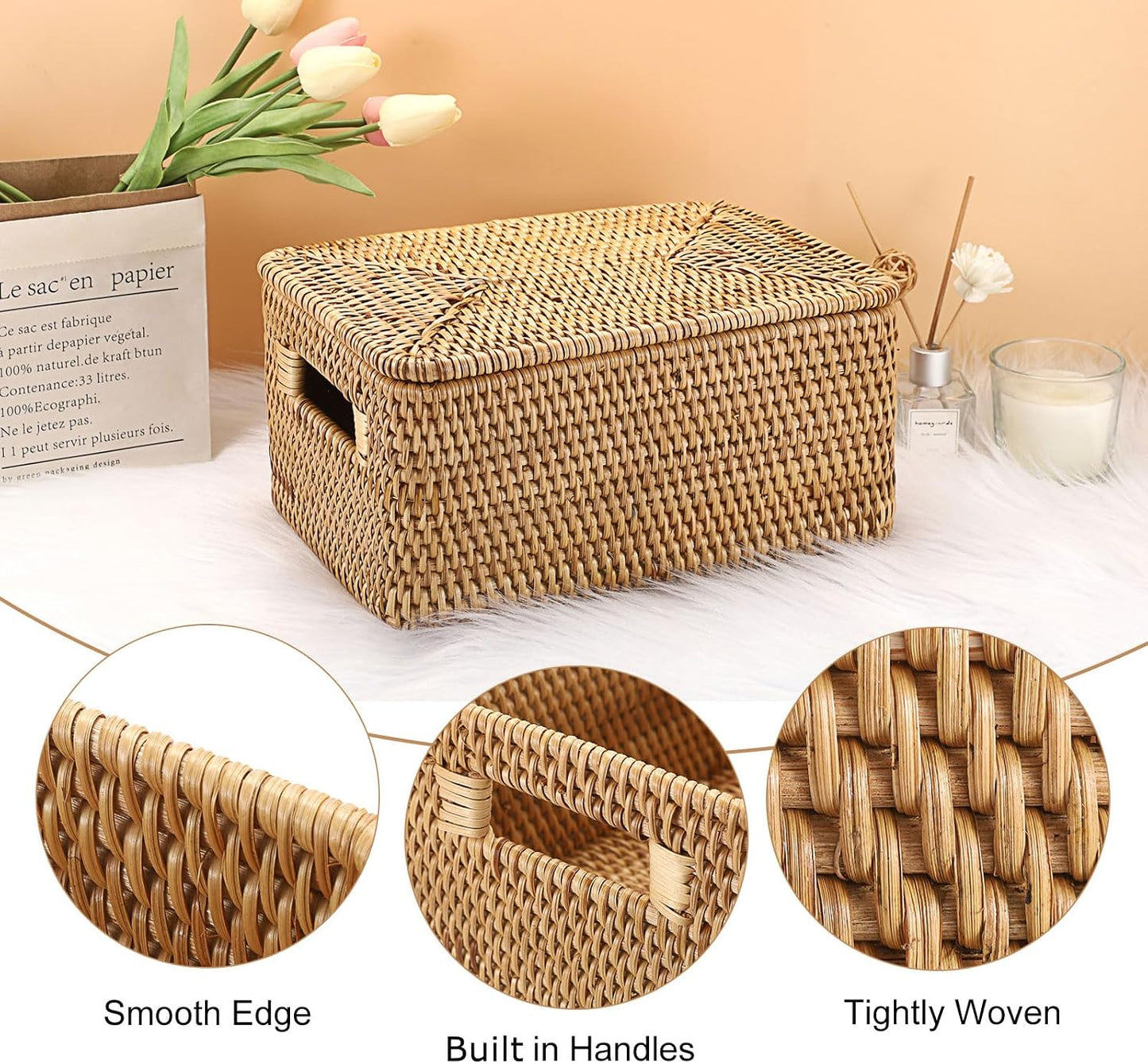 Rattan Basket / 12"L x 7.9"W x 5.9"H / Natural Color