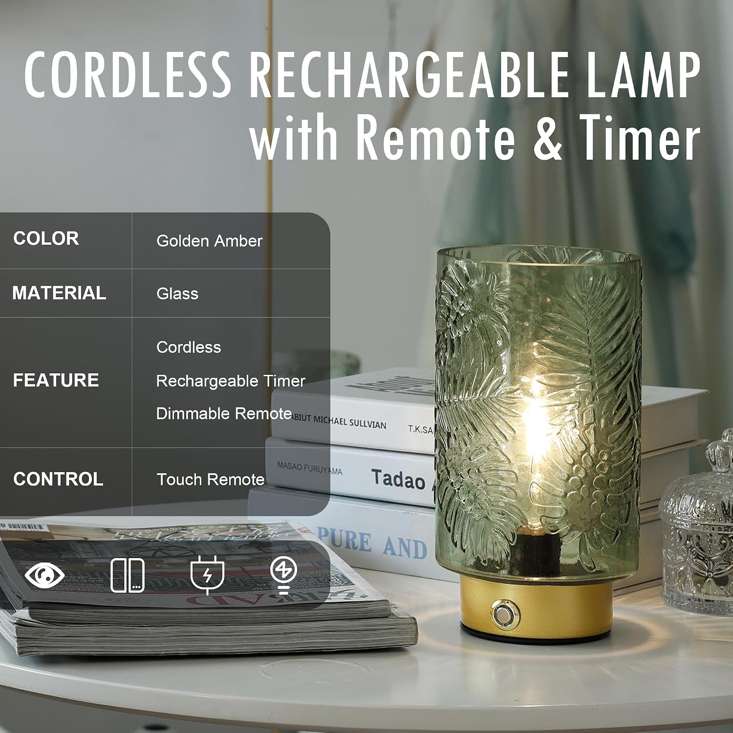 ULAROOM Cordless Lamp Rechargeable Battery Operated lamp, Glass Table Lamp Remote Control - Dimmable Brightness Touch