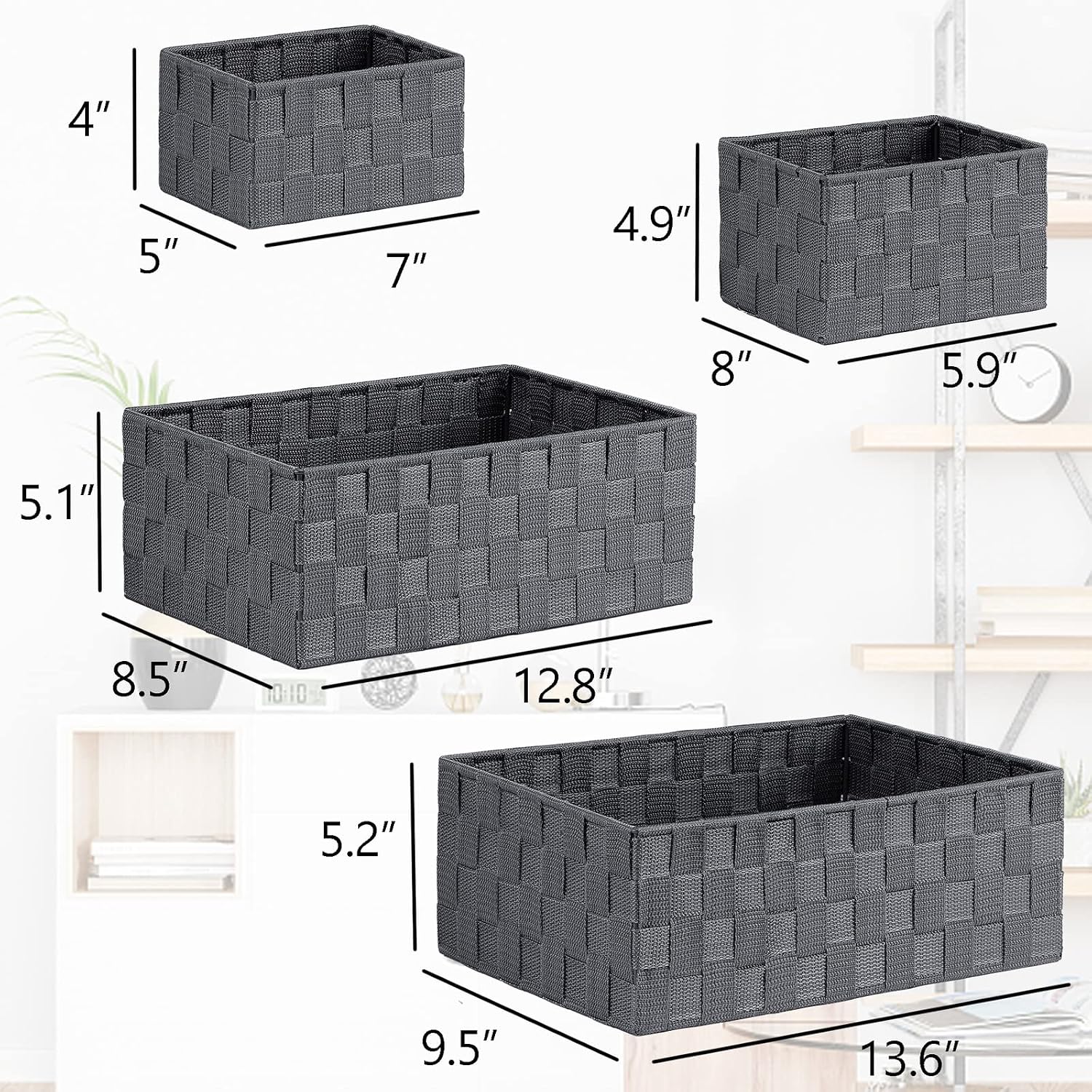 Woven Storage Baskets for Organizing / Dark Grey / Set of 6