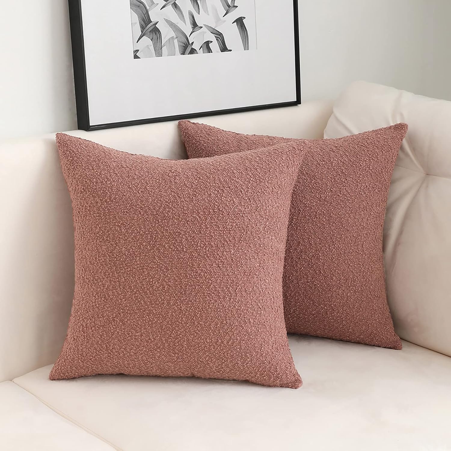 Decorative Square Thick Throw Pillow Covers Fine Textured Boucle / Dusty Rose / 18 x 18 / Set of 2